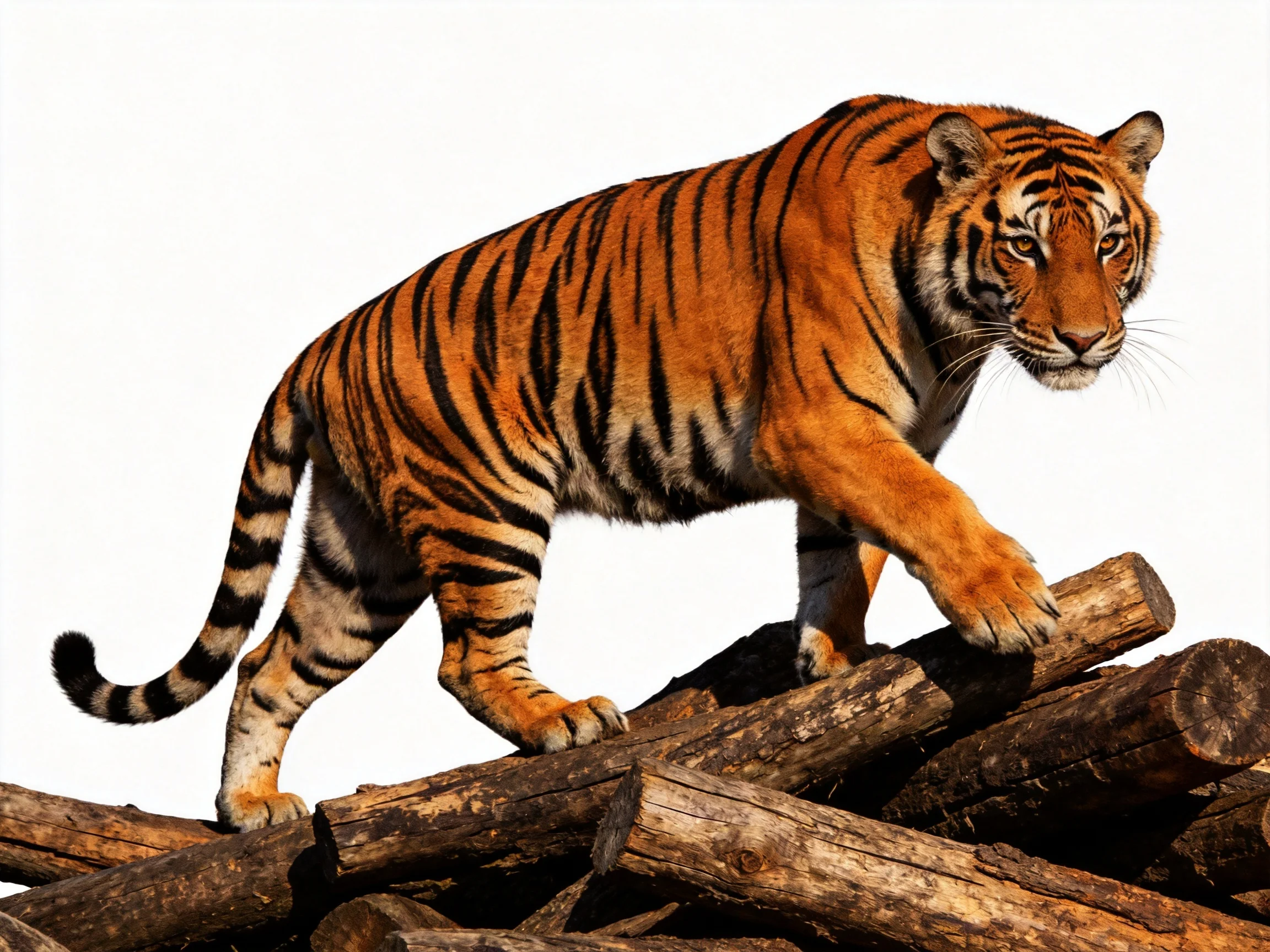 A majestic orange tiger with bold black stripes navigates stacked wooden logs