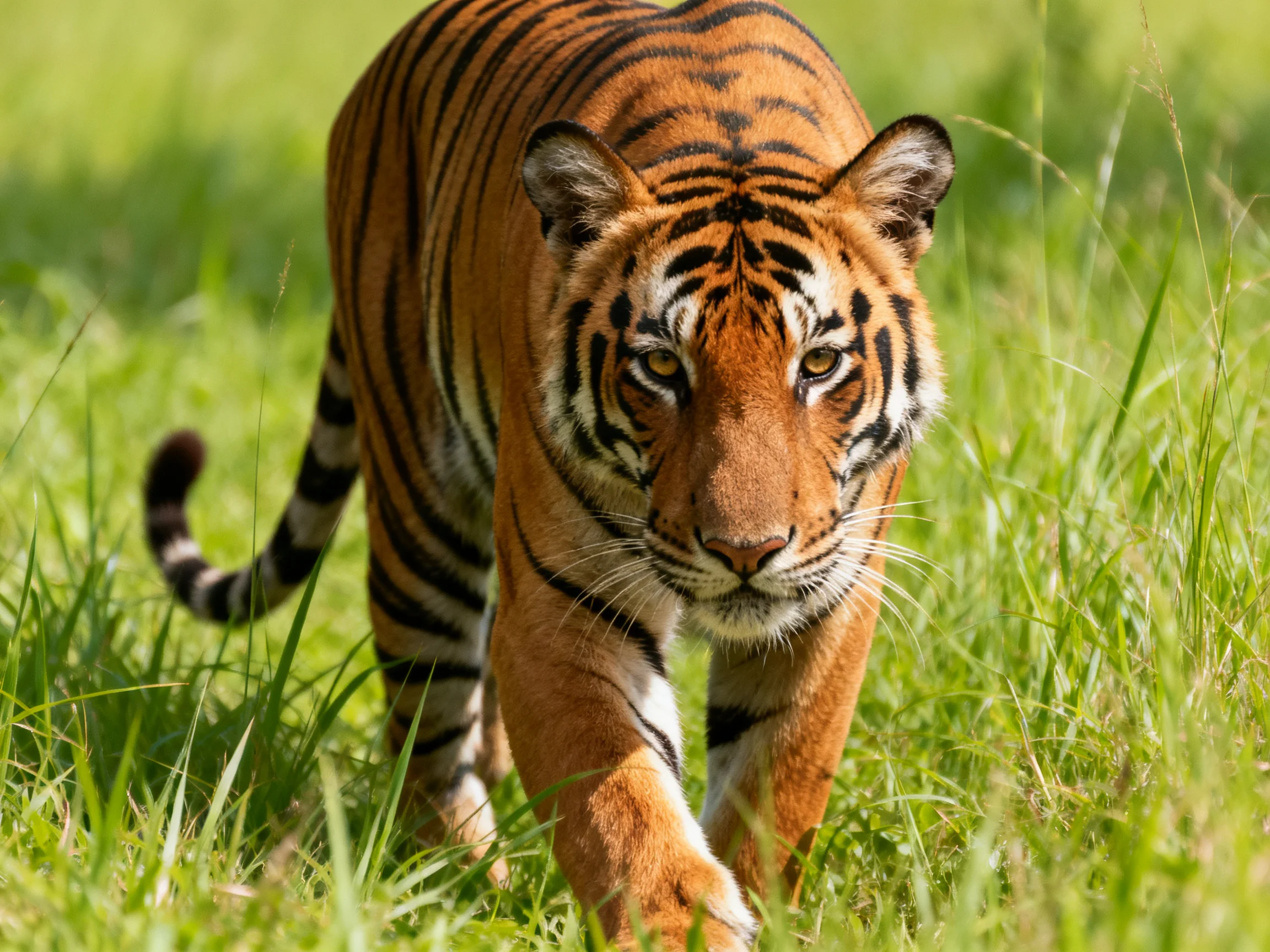 A majestic orange tiger with bold black stripes roams lush green grass