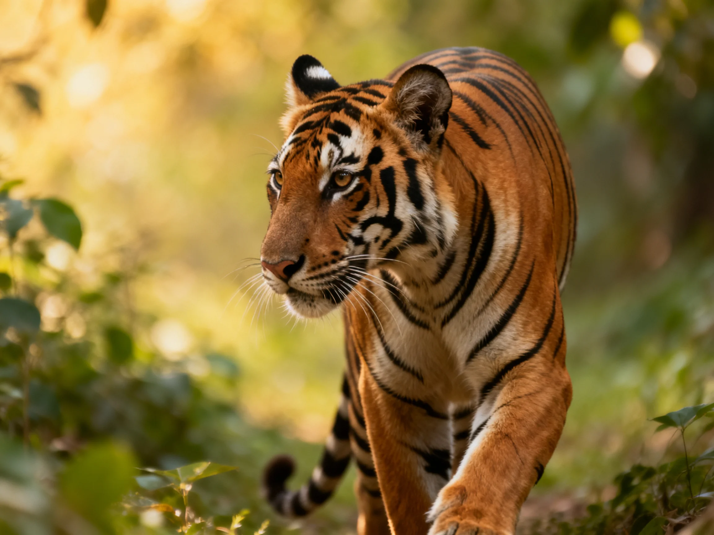 A majestic orange tiger with bold black stripes roams through lush greenery