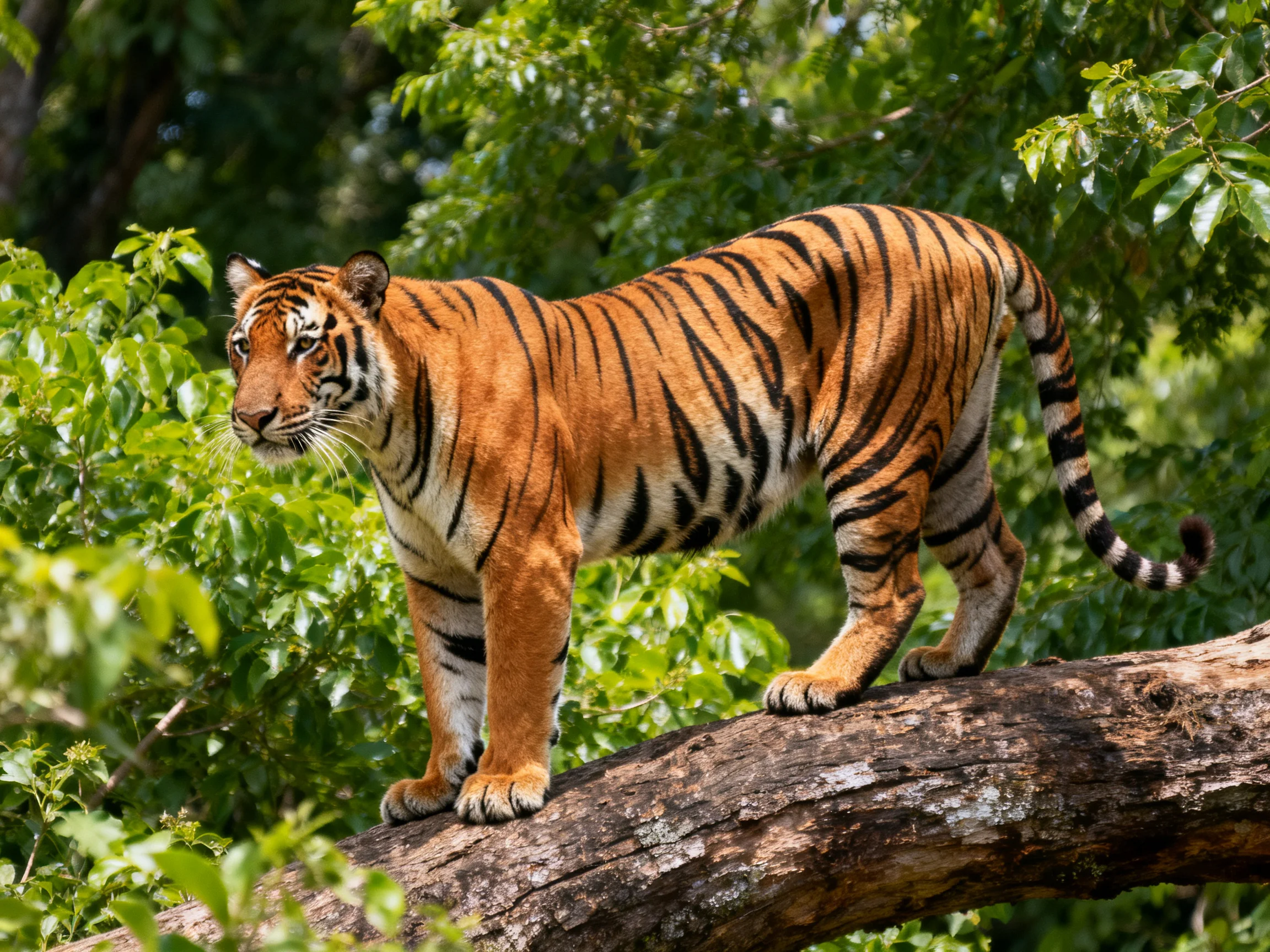A majestic orange tiger with bold black stripes stands on a gnarled tree branch