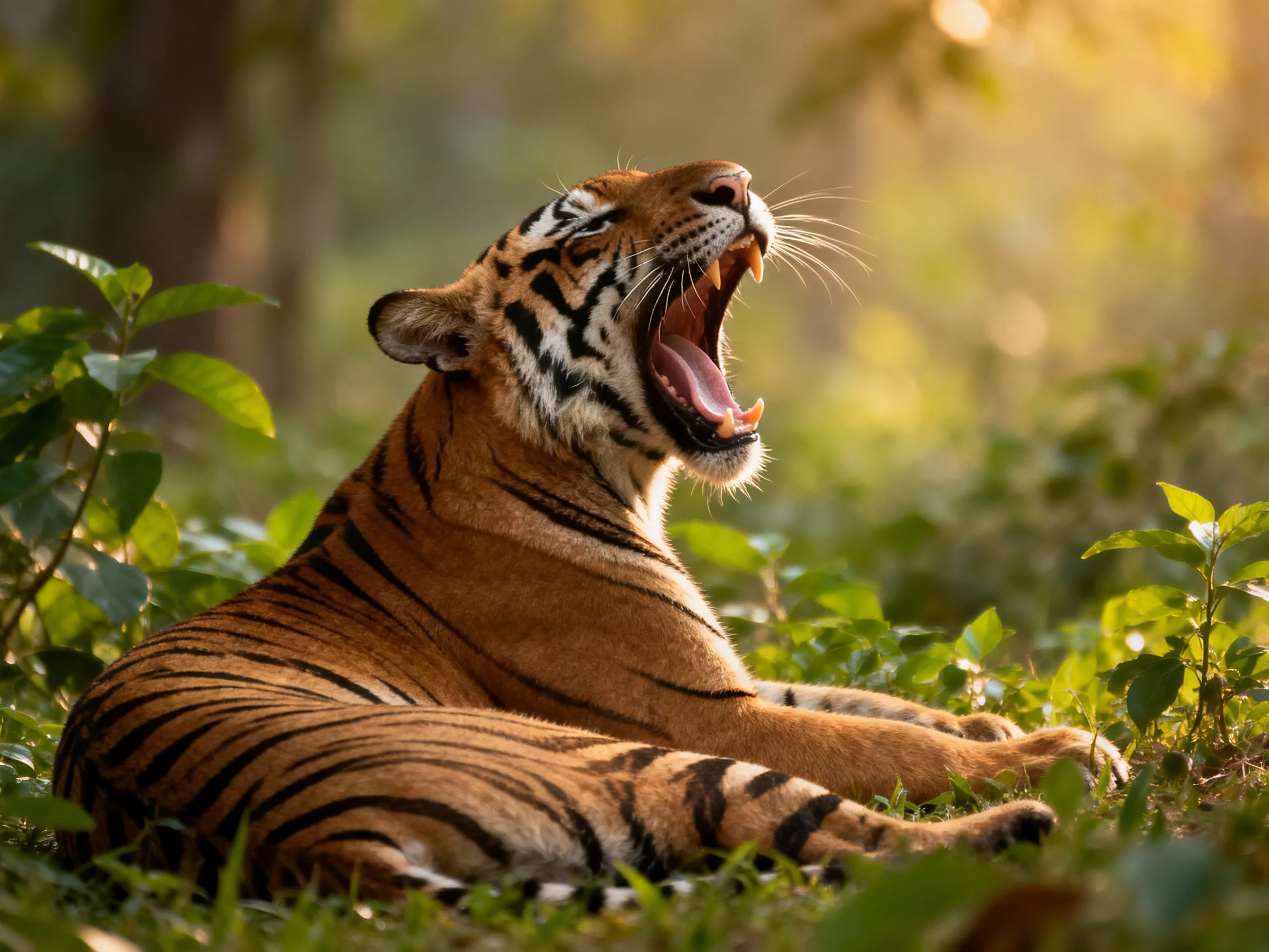 A majestic orange tiger yawns amid lush green foliage