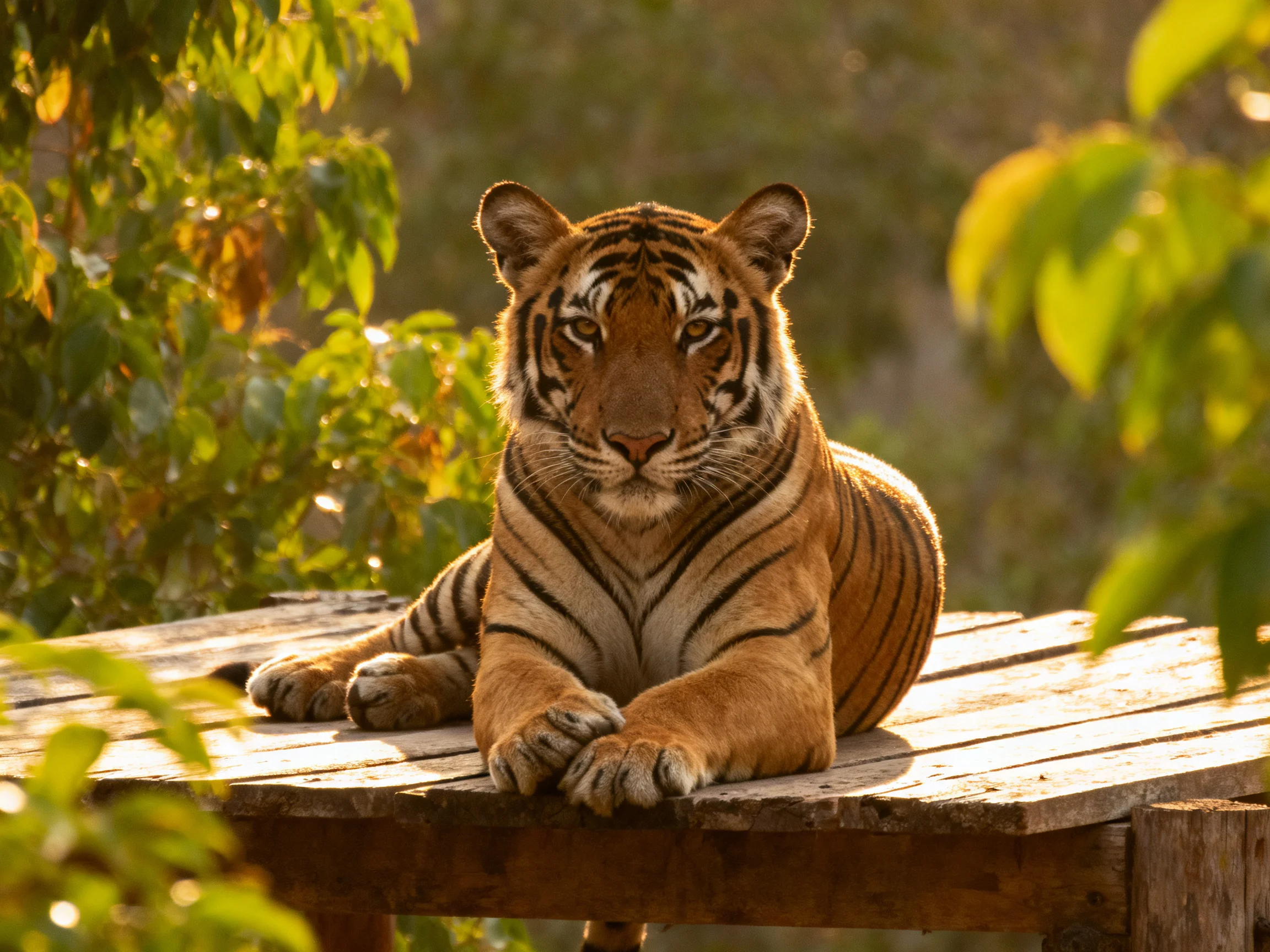 A majestic orange tigerrests on a weathered wooden platform amid green foliage