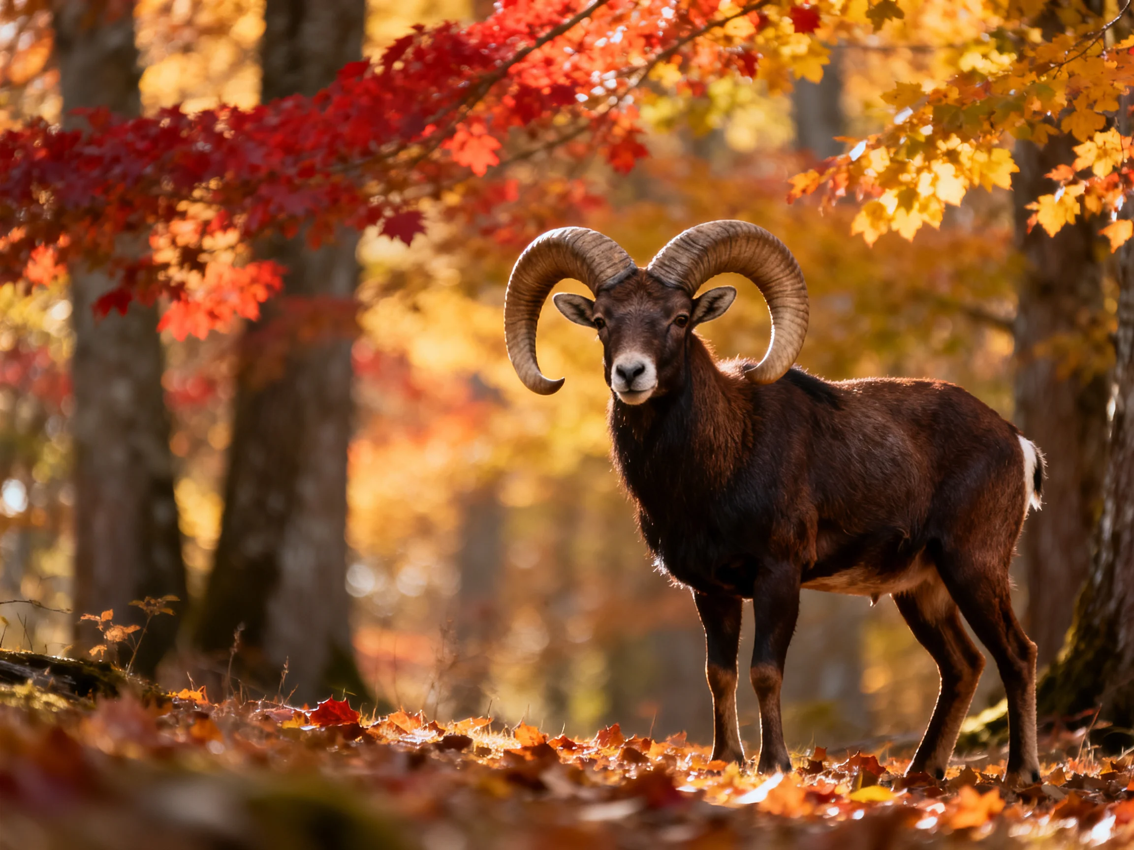 A horned animal stands in a forest with colorful autumn leaves and tall trees.