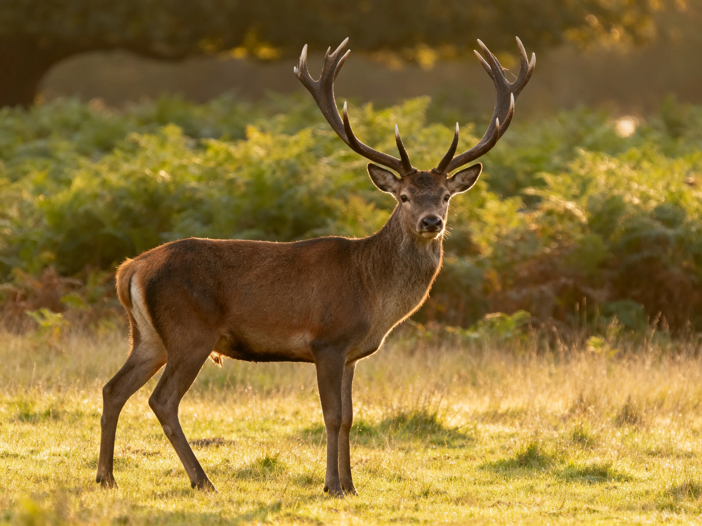 A majestic red deer with broad antlers stands in golden grassland
