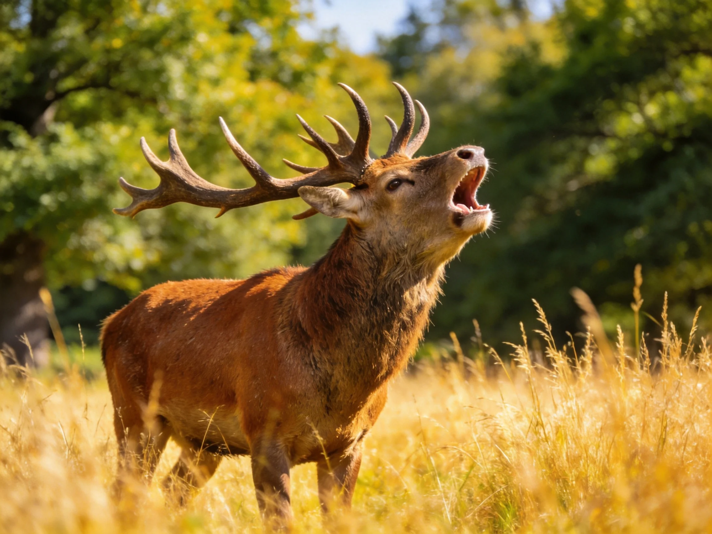 A red deer roars amid tall golden grasses in a sunlit meadow.