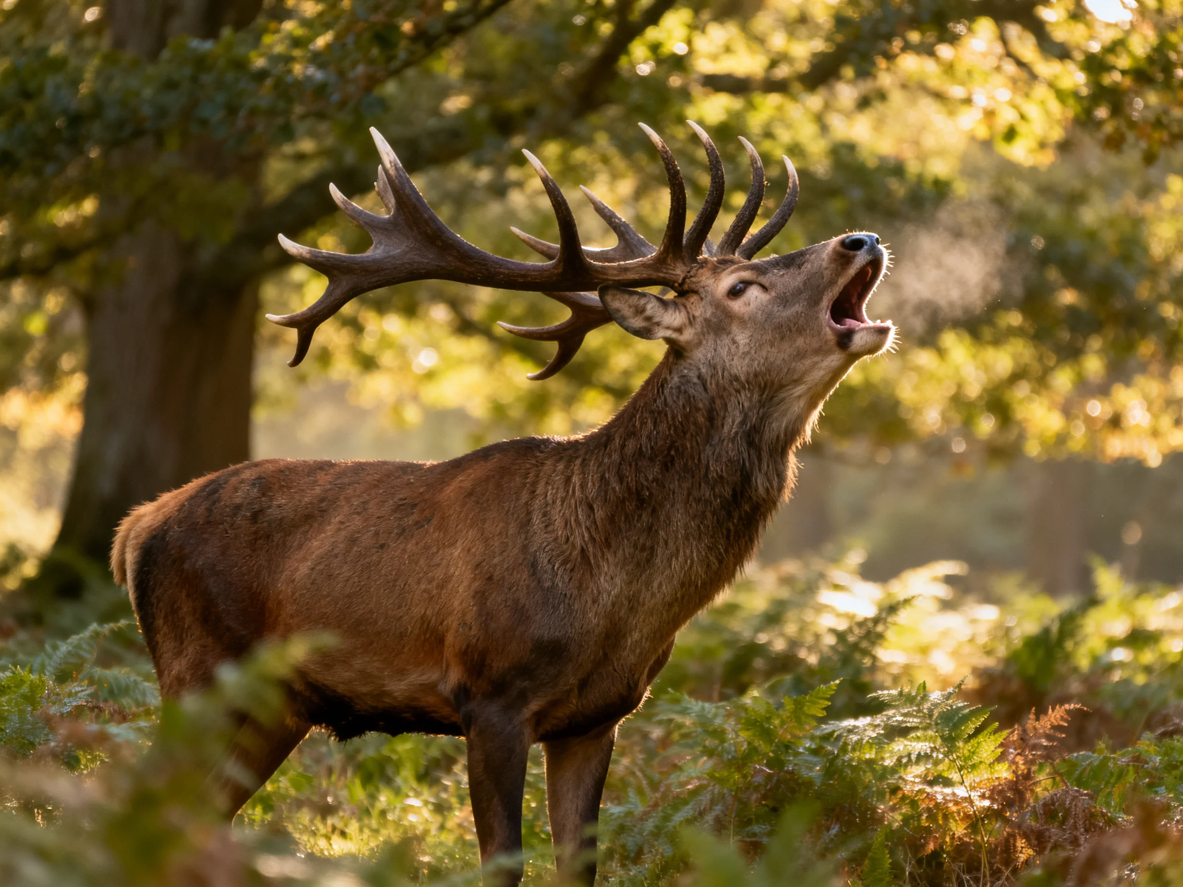 A red deer roars amid lush greenery in a sun-dappled woodland.