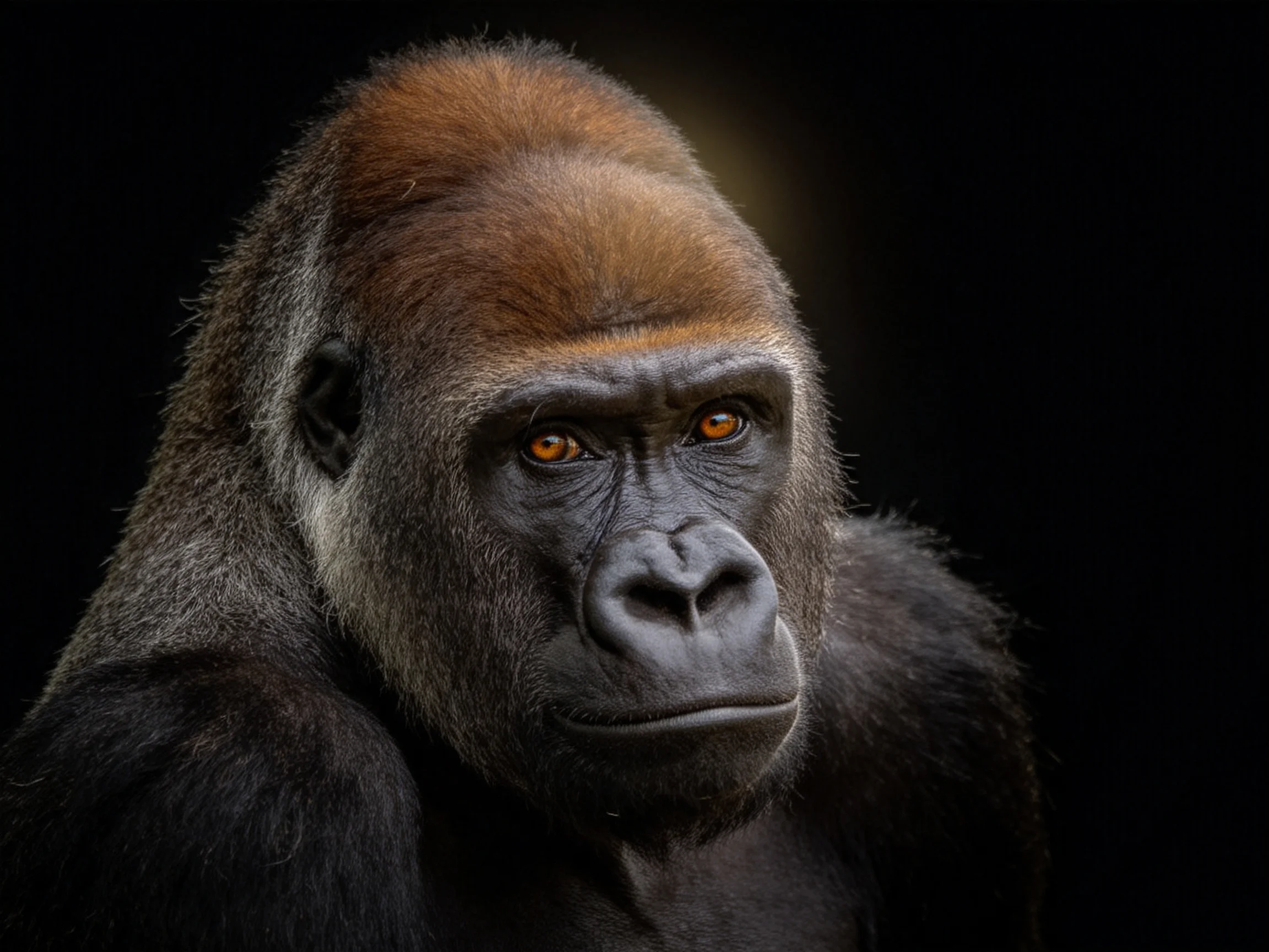 Close - up portrait of a silverback gorilla displaying its strength.