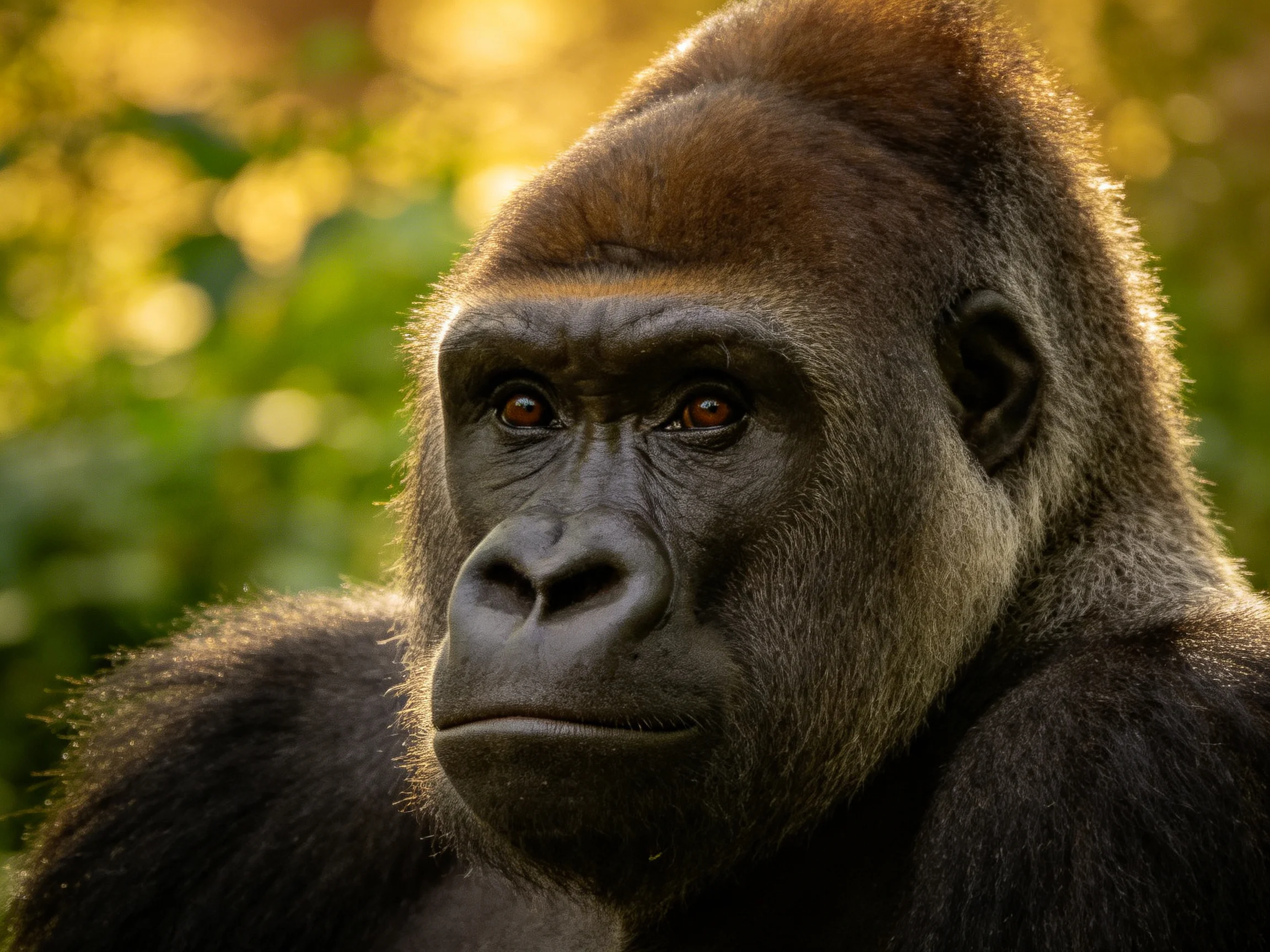 A majestic silverback gorilla with dark brown fur in a sunlit forest