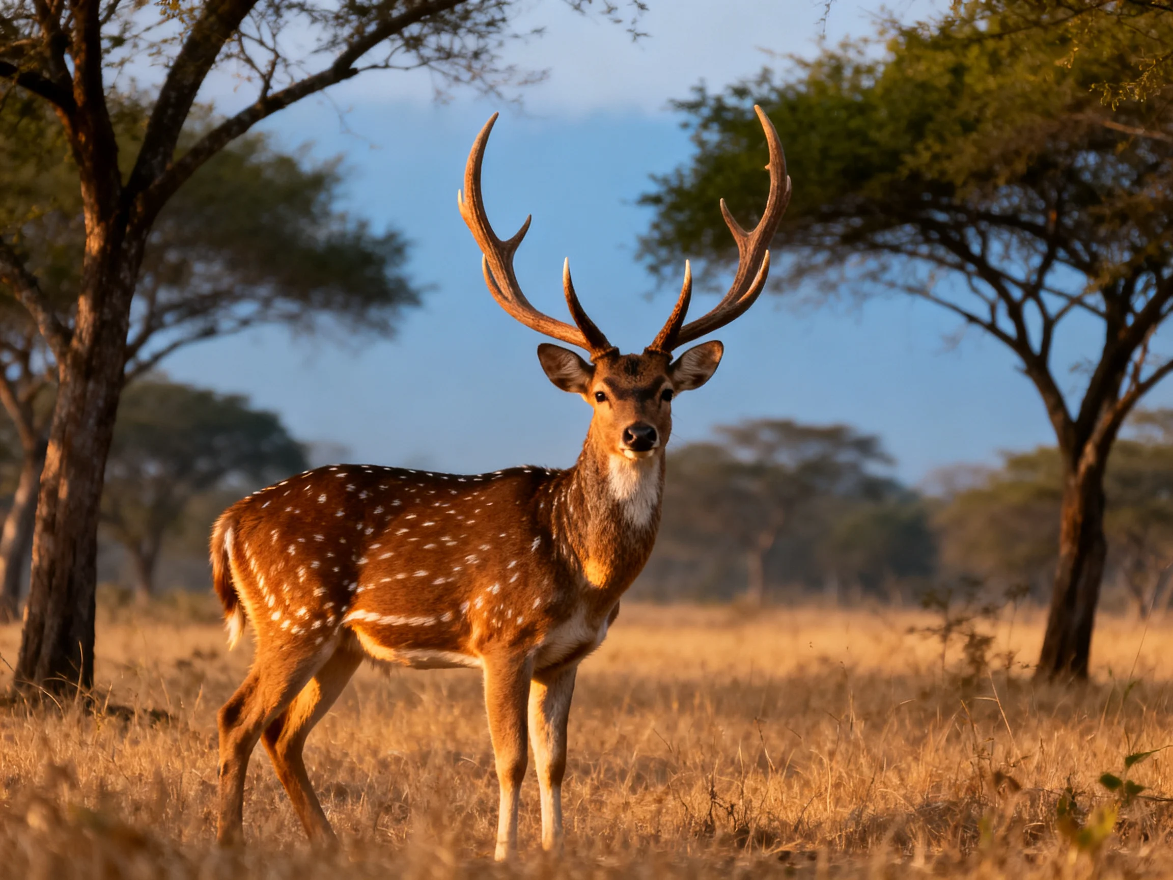 A majestic spotted deer with large antlers in a golden savannah