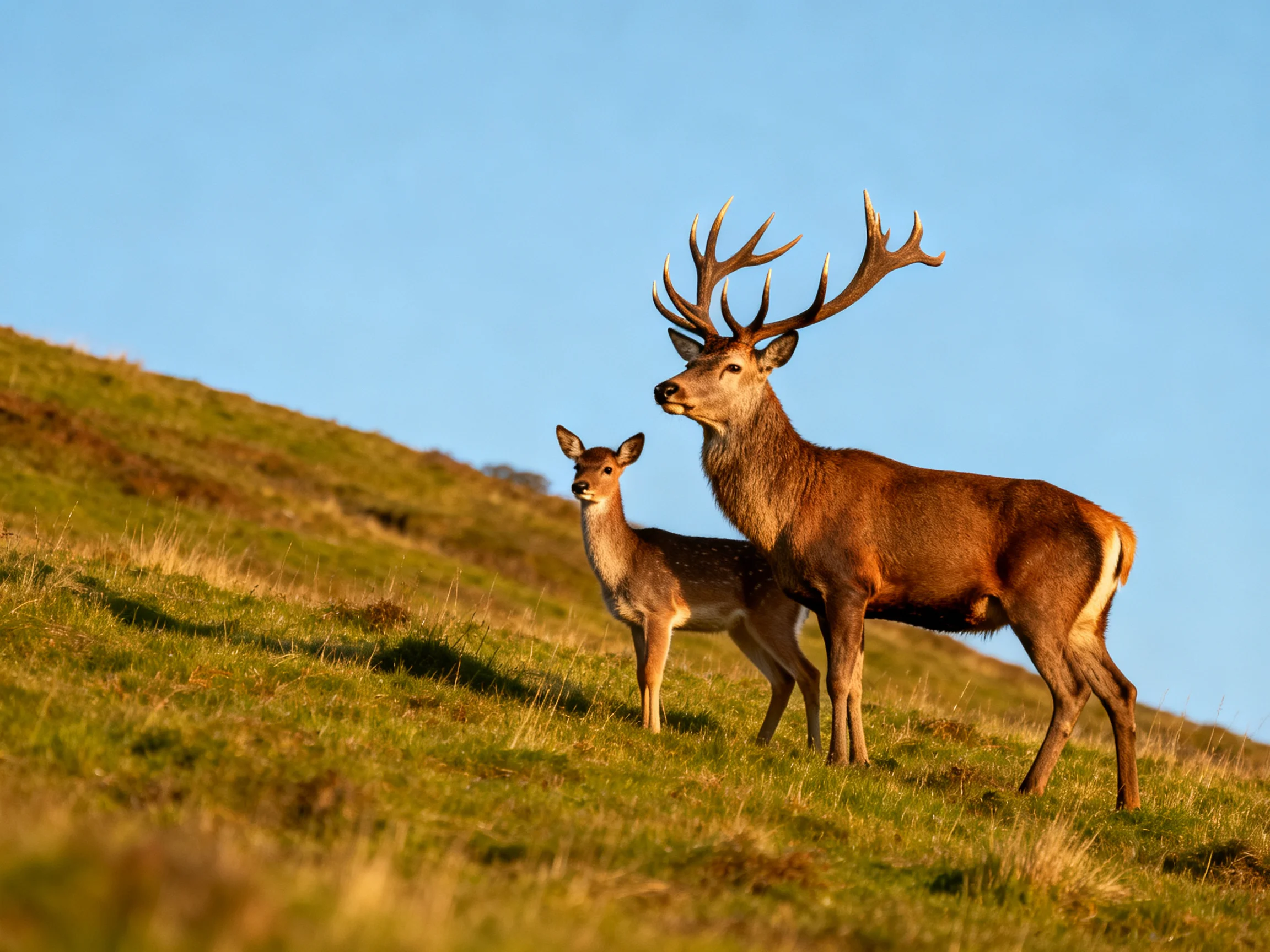 A large stag with antlers stands beside a smaller fawn on a grassy hill under a clear blue sky.