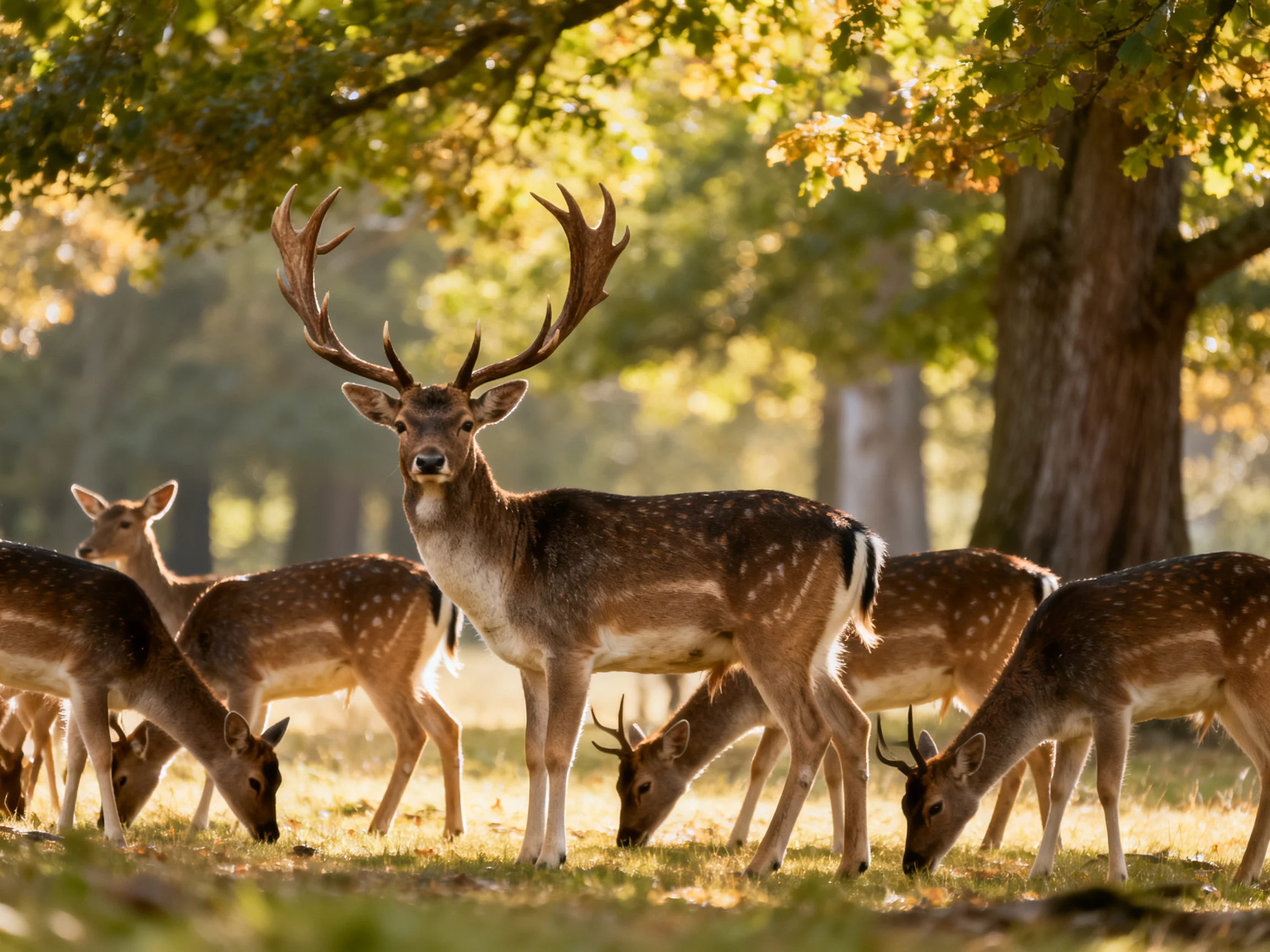 A majestic stag leads a herd of spotted deer in a sunlit forest clearing