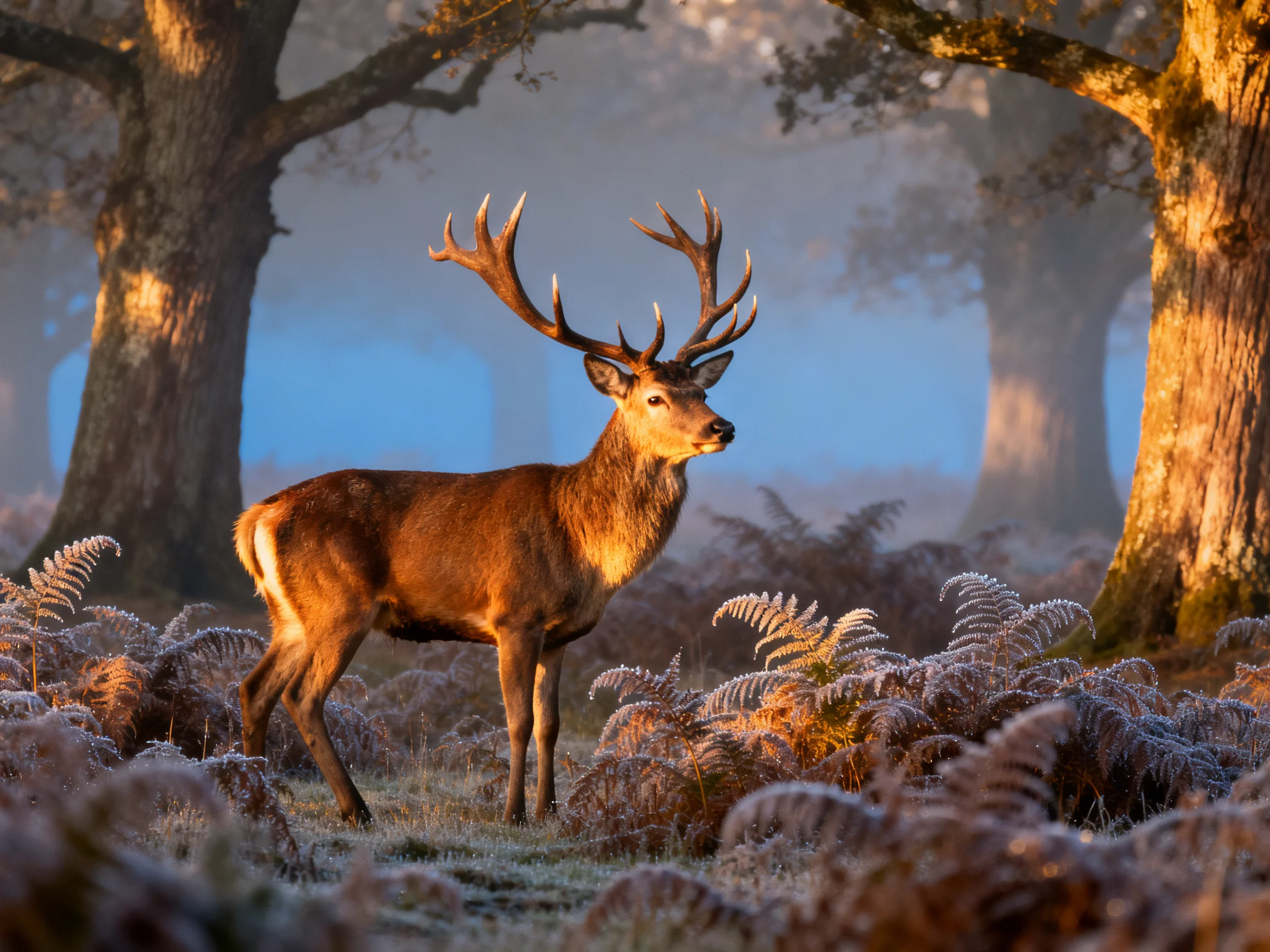 A majestic stag stands in a frosty, misty forest with ancient trees.