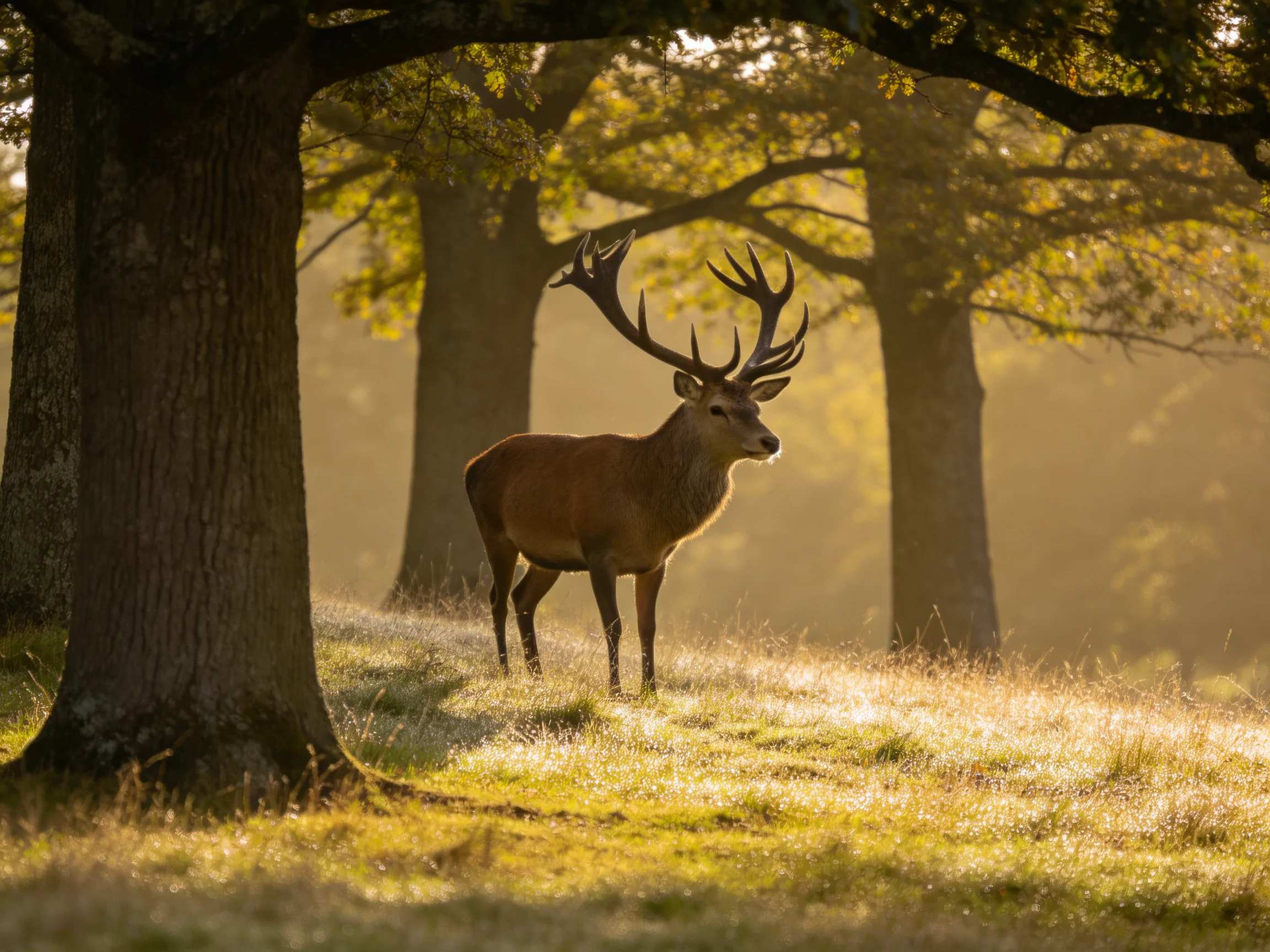 A large stag with antlers stands in a sunlit forest clearing among by tall trees.