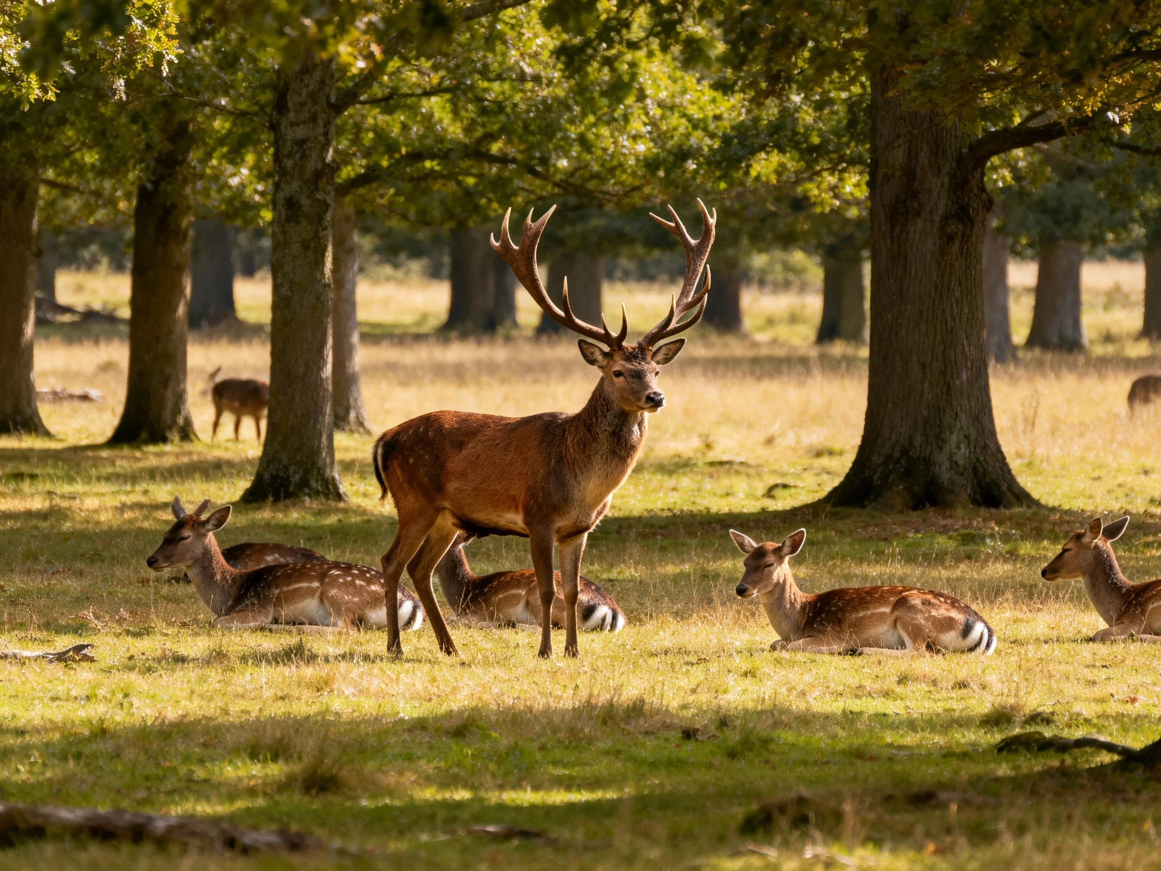 A stag stands among resting deer in a sunlit forest clearing.
