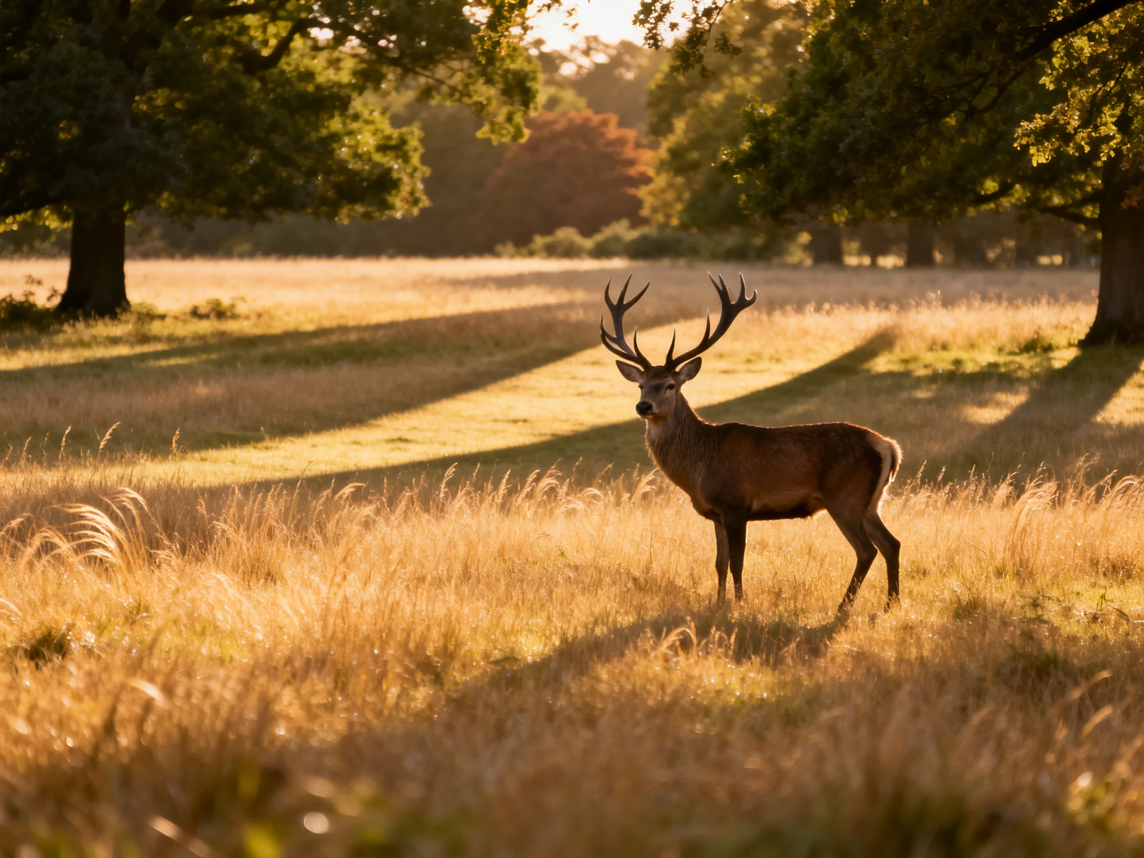A stag stands in a sunlit meadow surrounded by trees