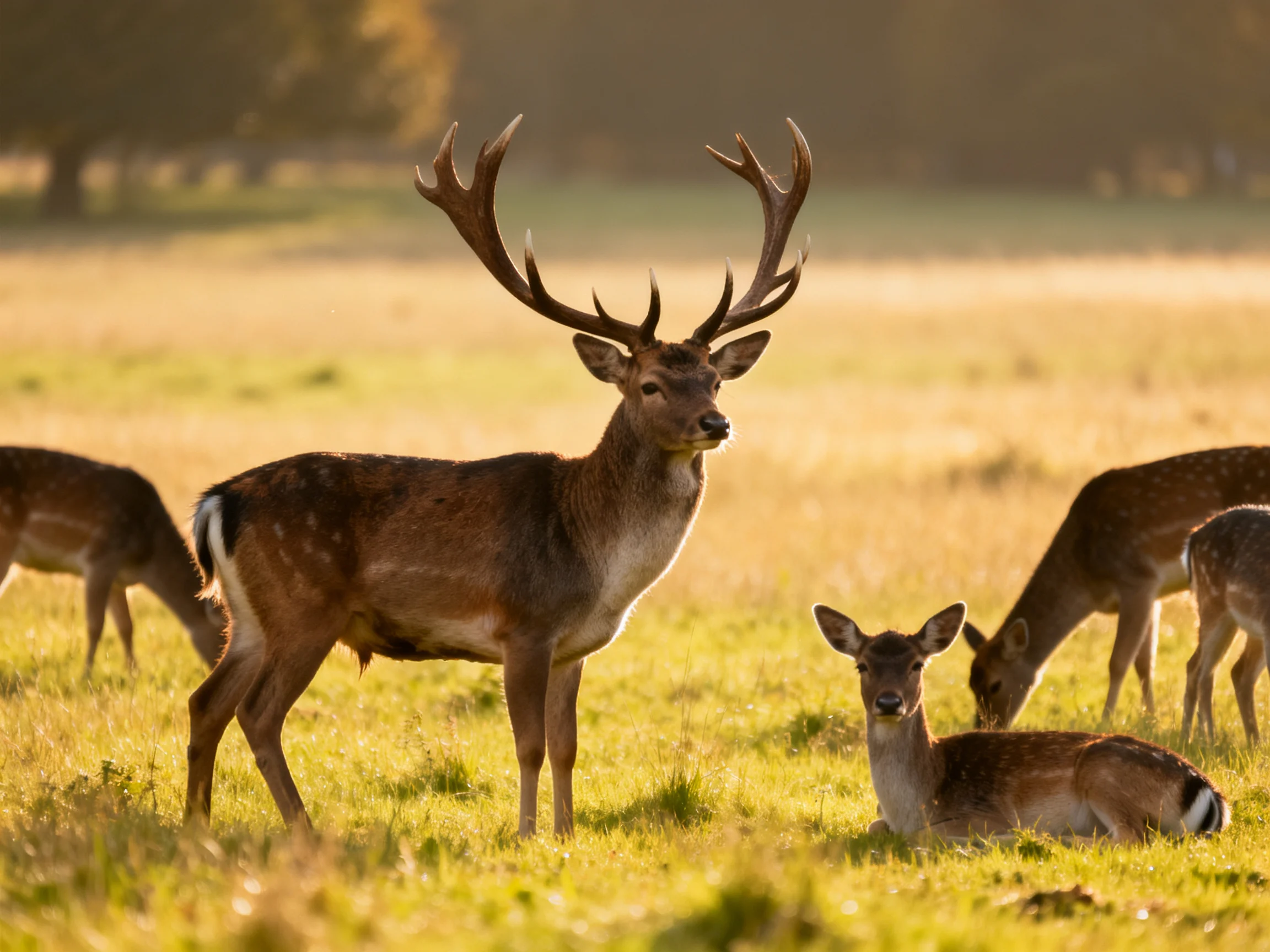 A majestic stag with large antlers among deer in a golden meadow