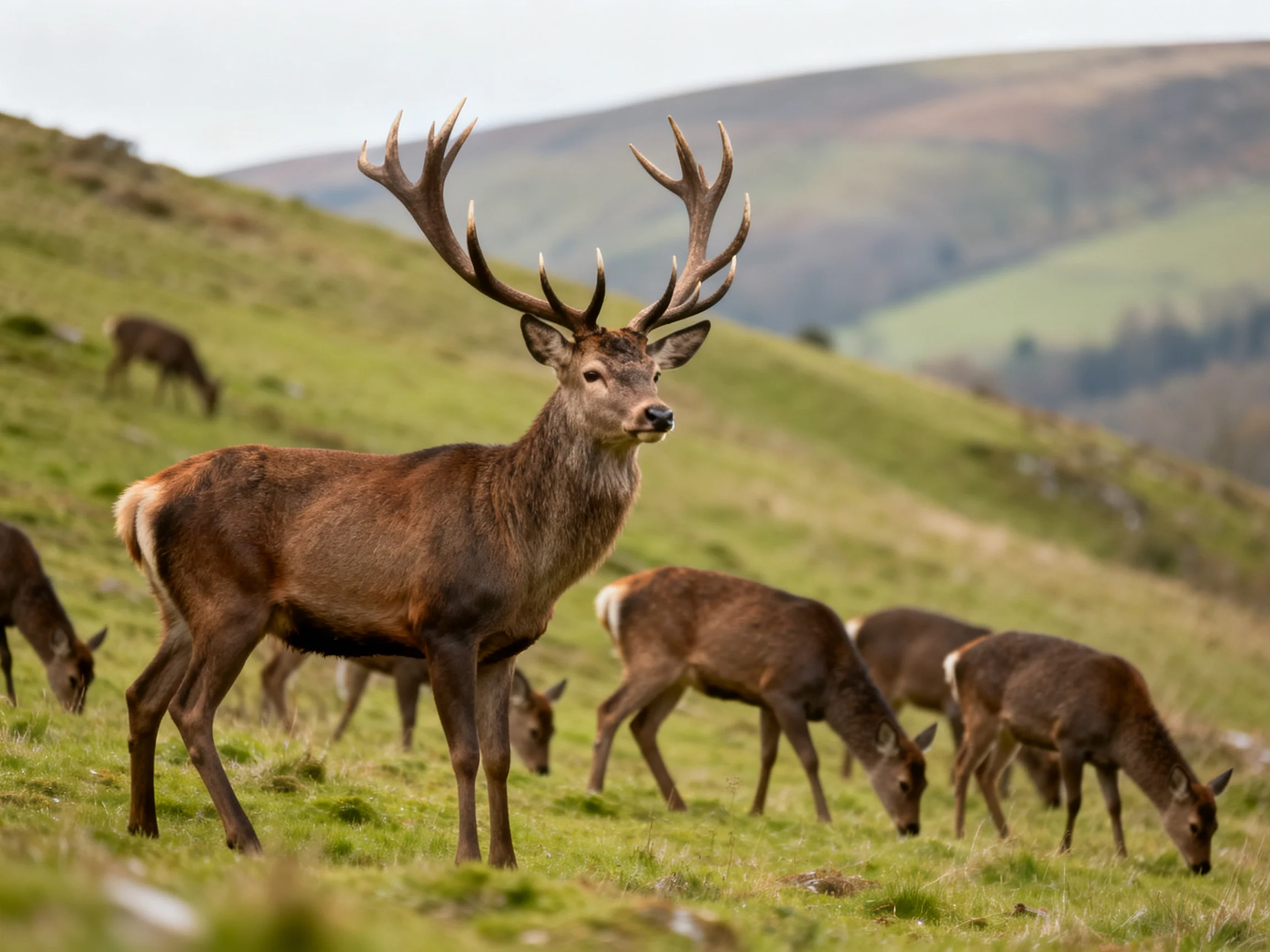 A majestic stag with large antlers among grazing deer in rolling green hills