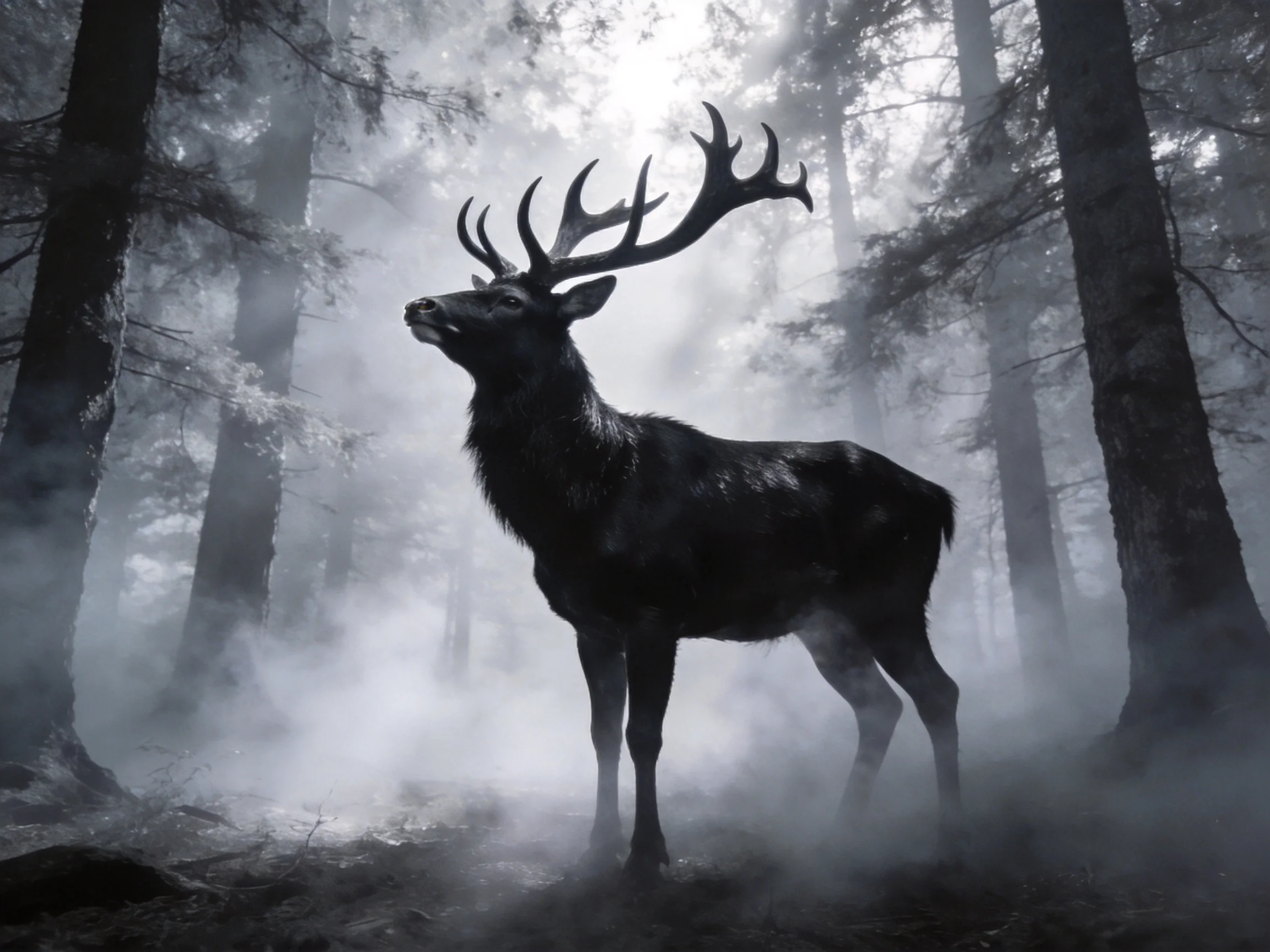 A majestic stag with large antlers in a misty forest