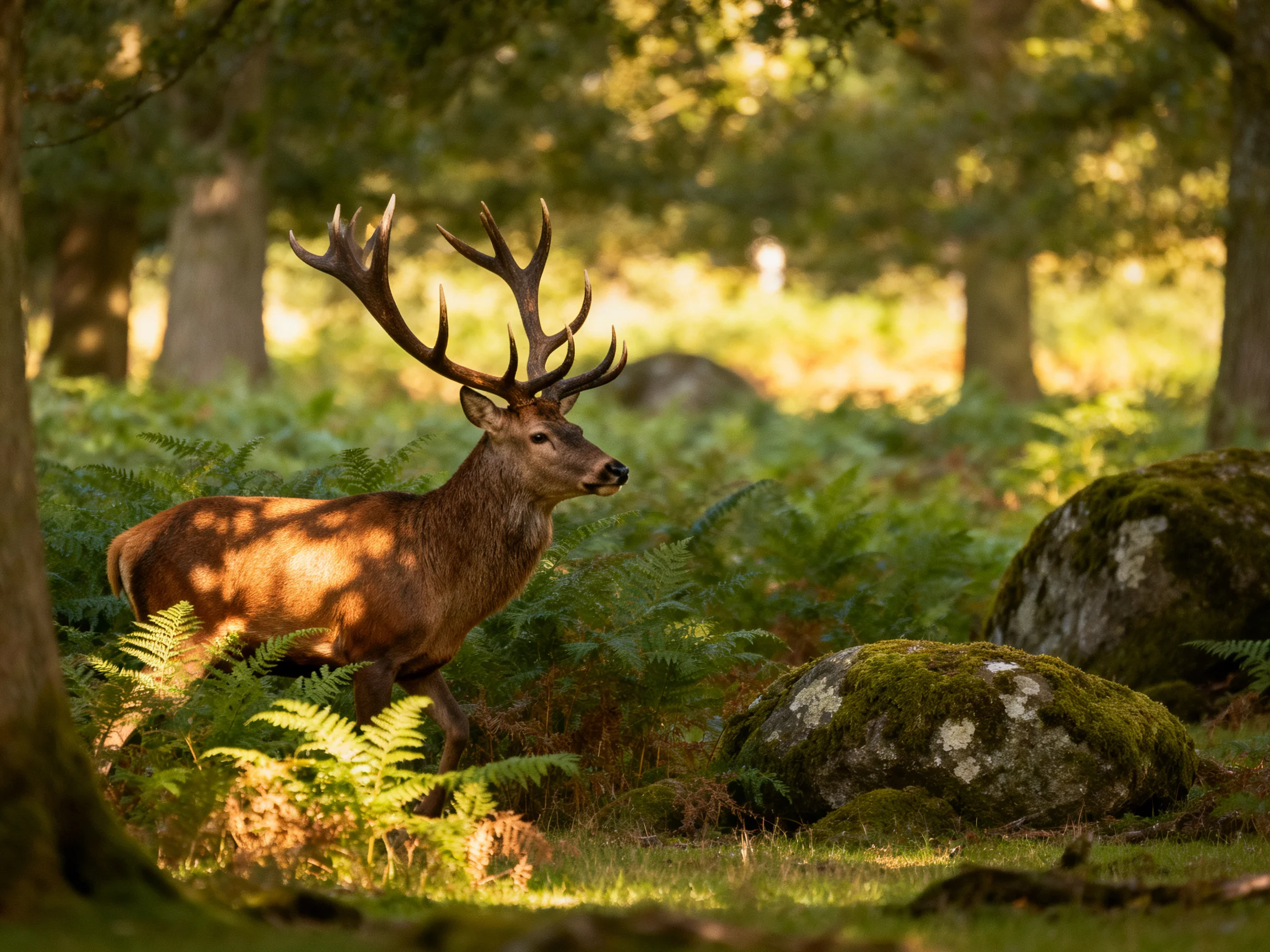 A majestic stag with large antlers in a sun-dappled forest clearing