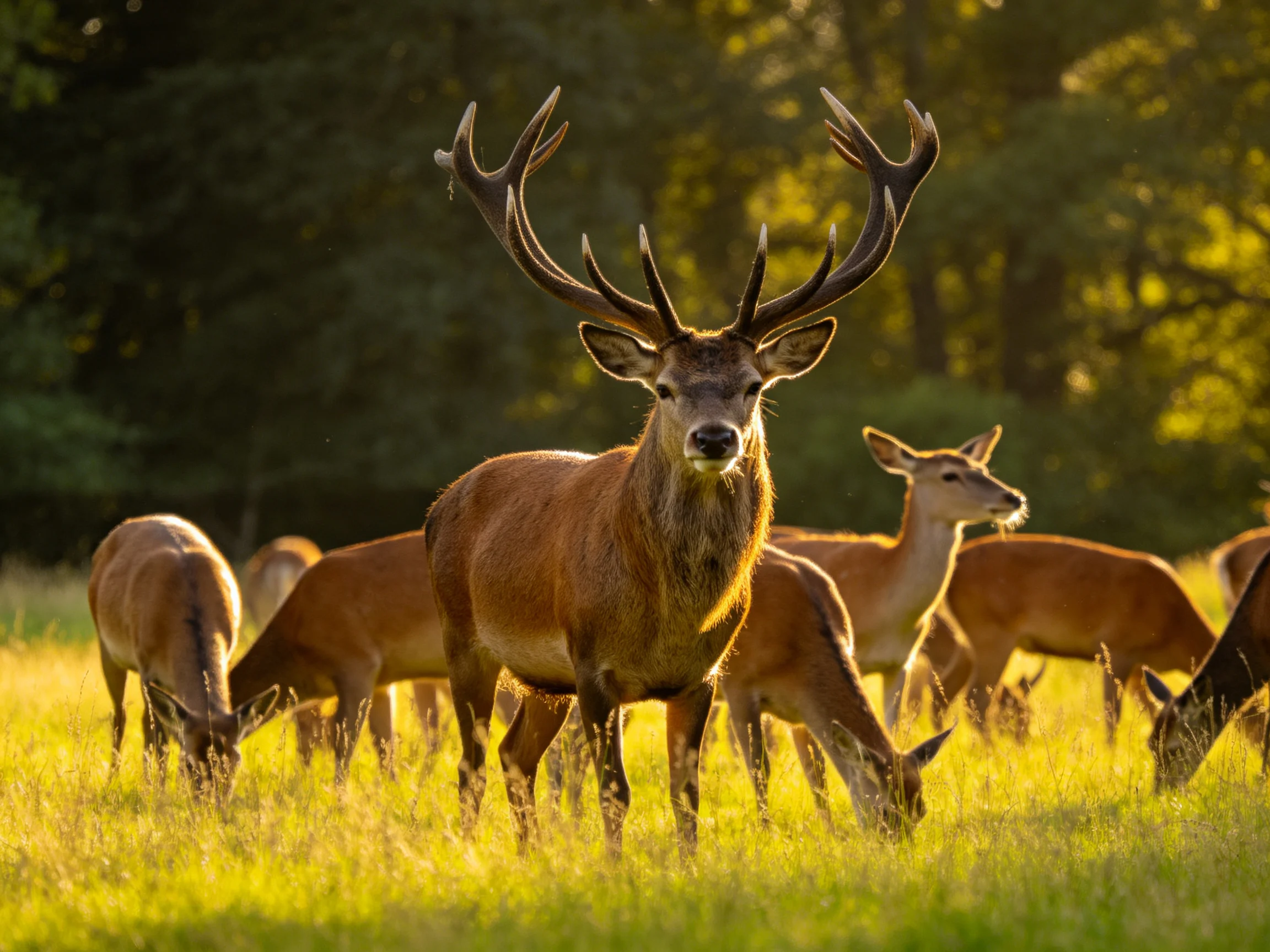 A stag with prominent antlers stands among grazing deer in a sunlit meadow.