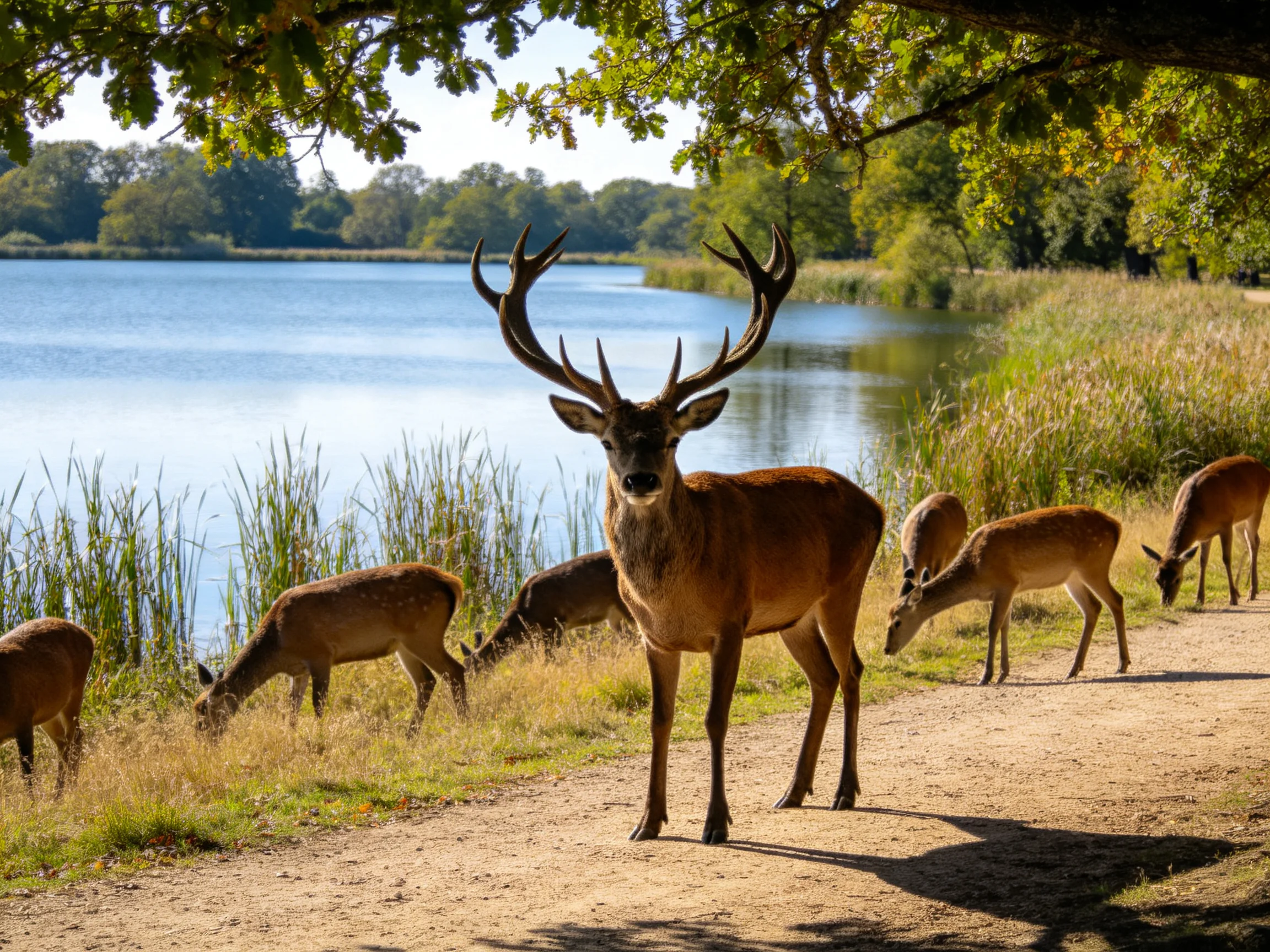 Several deer graze by a calm lake while a prominent stag stands on a dirt path.