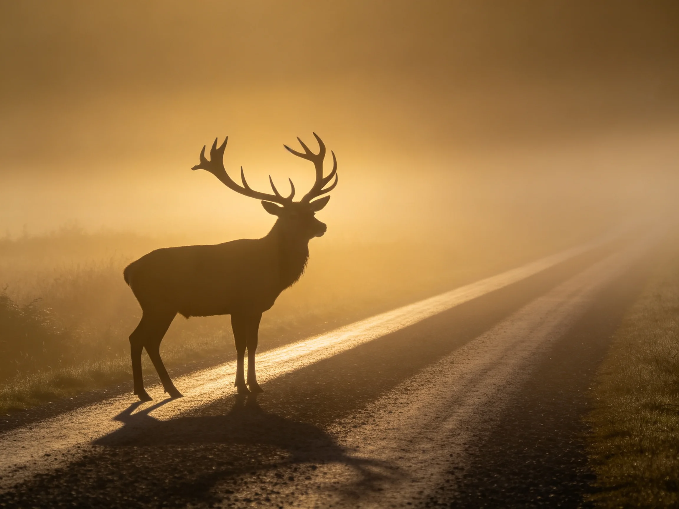 A large stag with prominent antlers is silhouetted on a foggy road during early morning.
