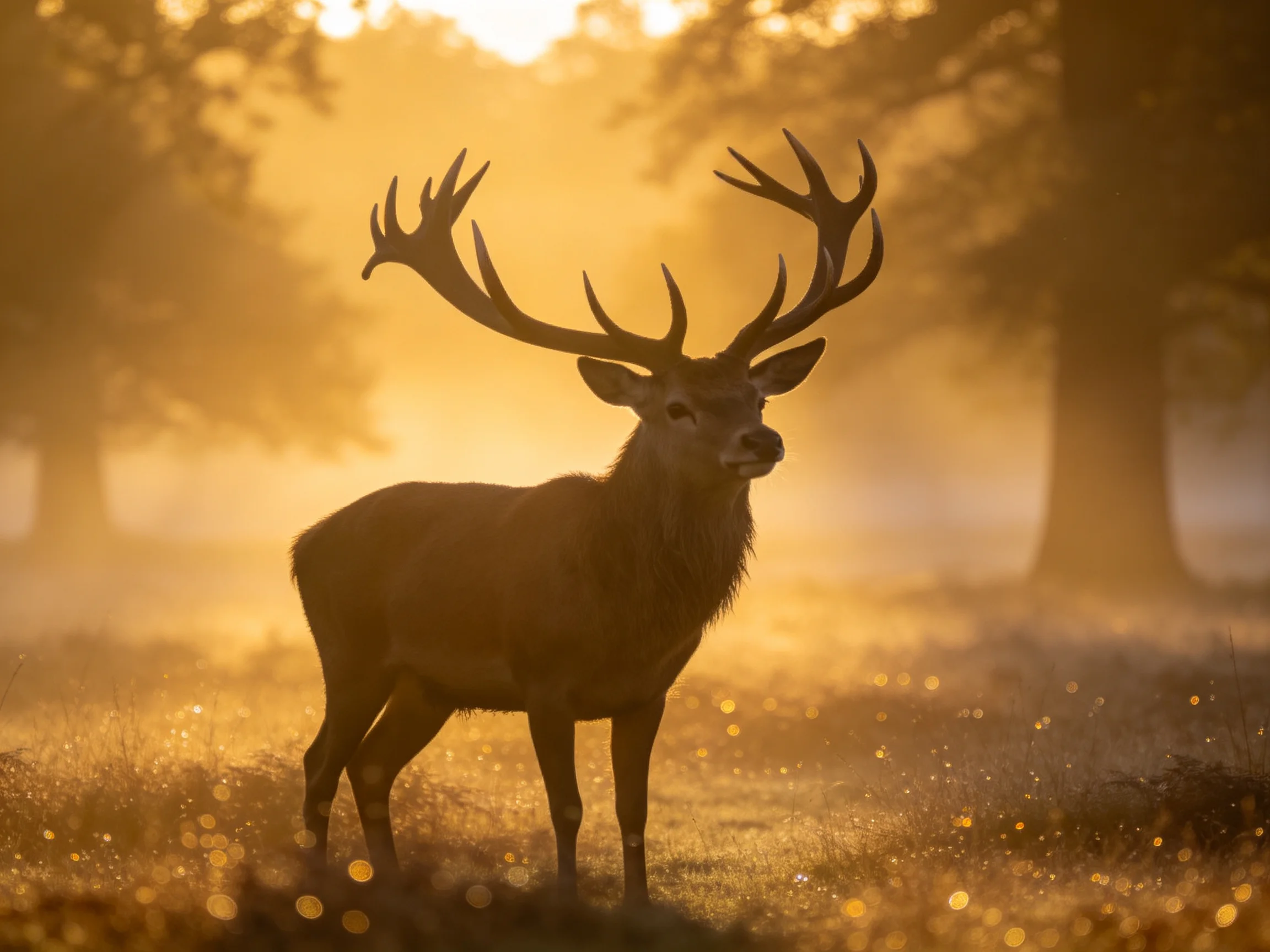 A stag with large antlers is silhouetted in golden morning light within a forest.