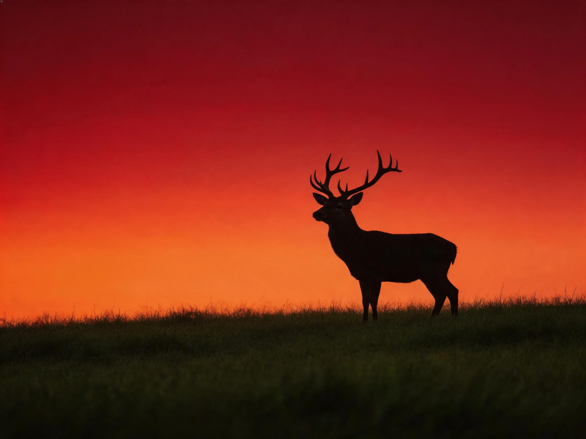 A silhouetted stag stands on grass beneath a dramatic crimson-to-orange sunset sky.