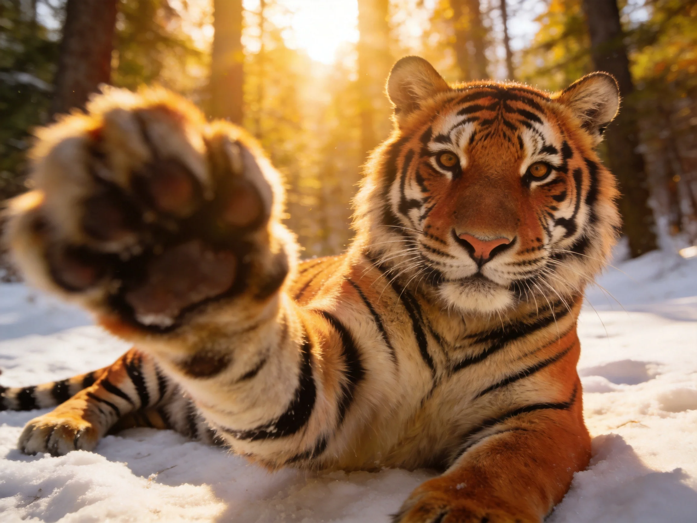 A majestic tiger extends its paw toward the camera in a sun-drenched snowy forest