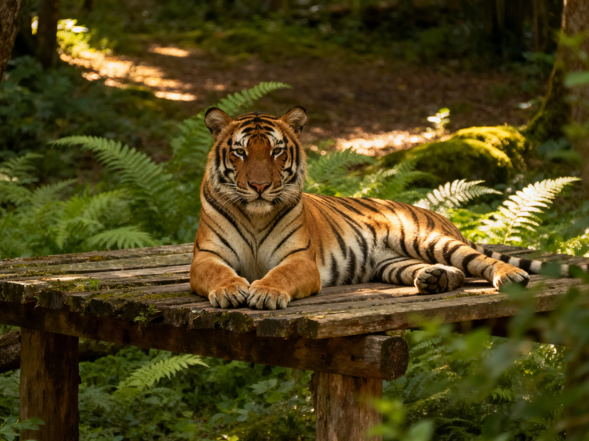 A majestic tiger lounges on a weathered wooden platform amidst lush ferns