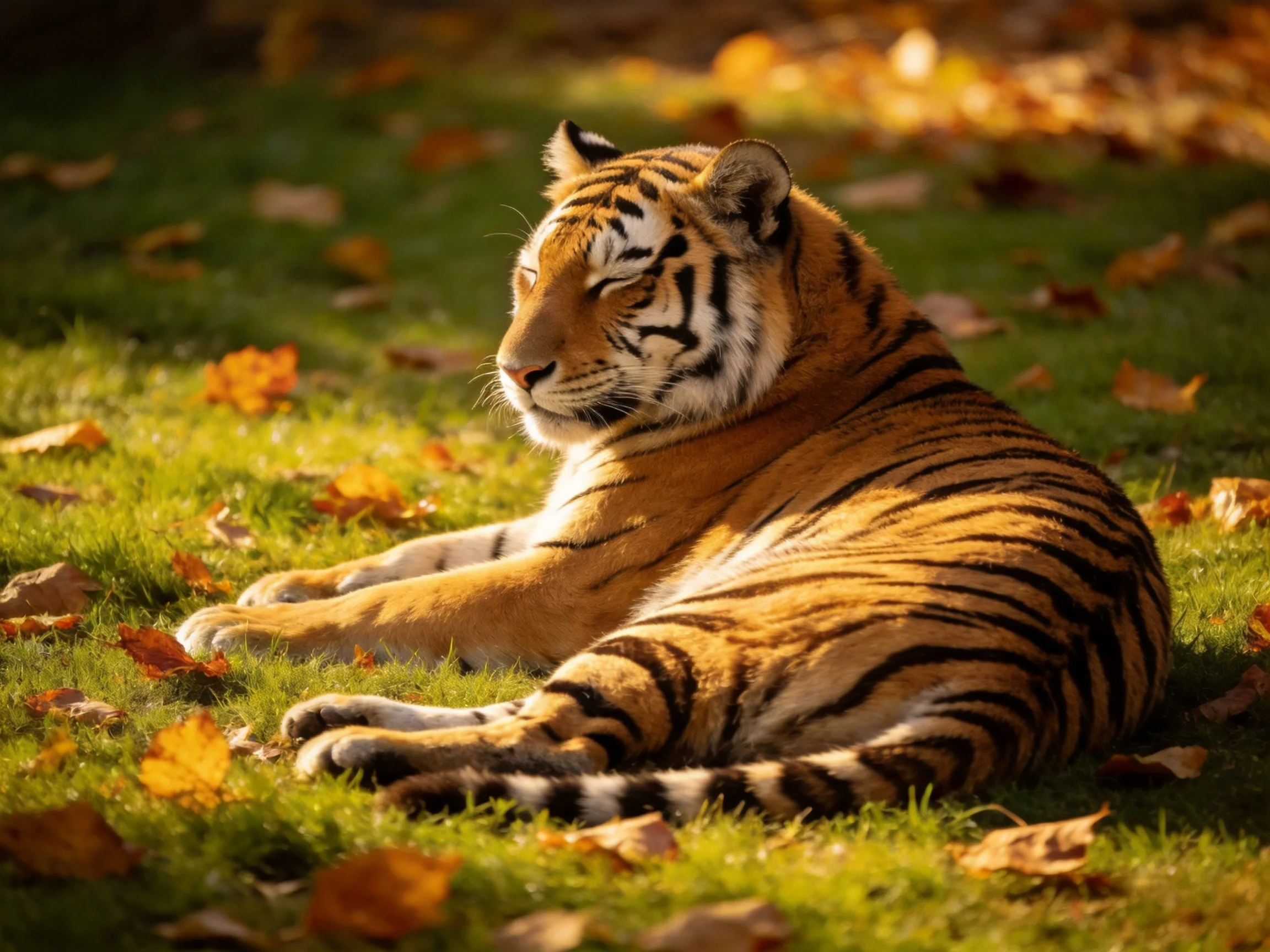 A majestic tiger rests amid golden autumn leaves on lush green grass