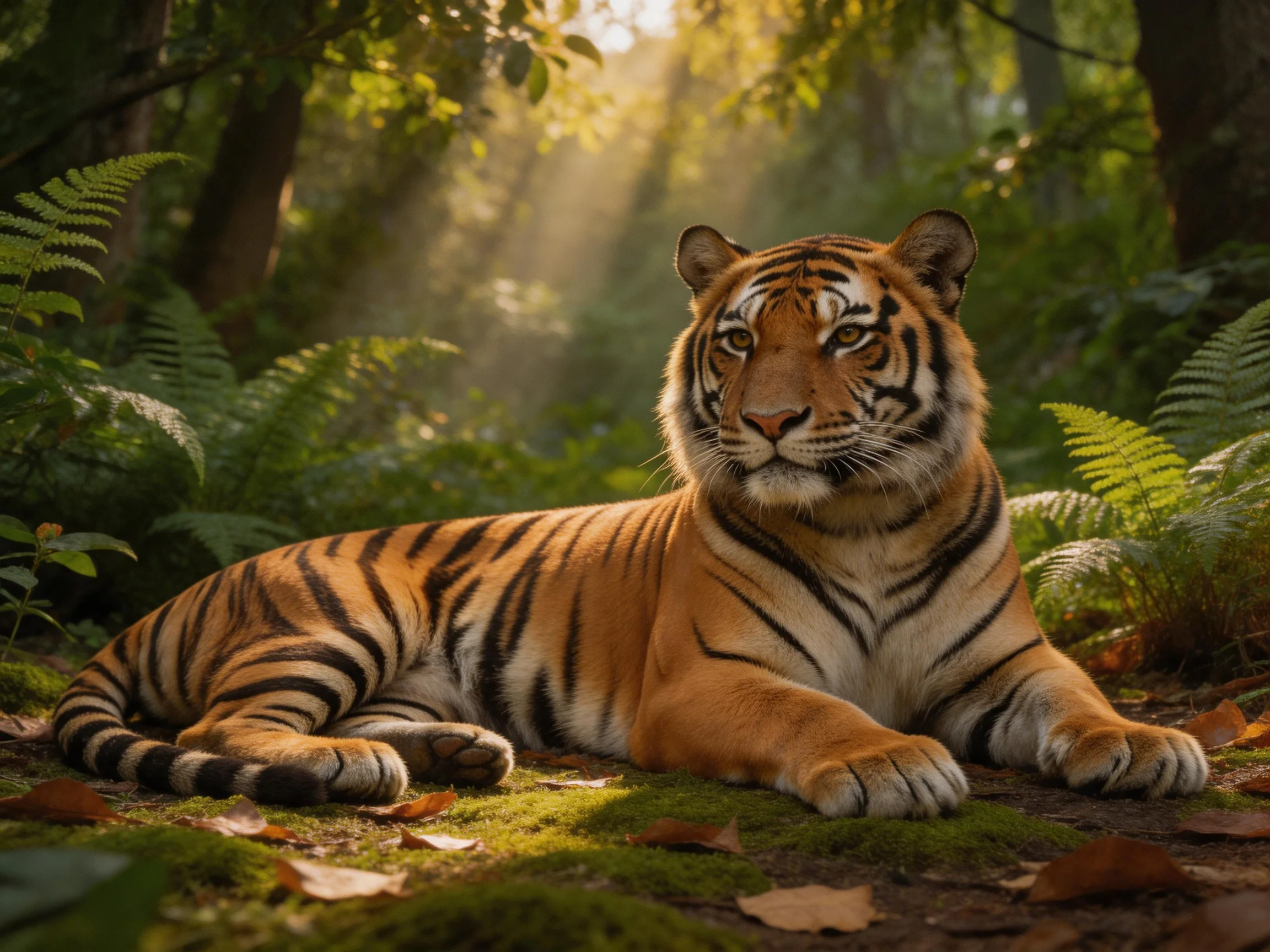 A majestic tiger rests amid lush greenery in a sun-dappled forest