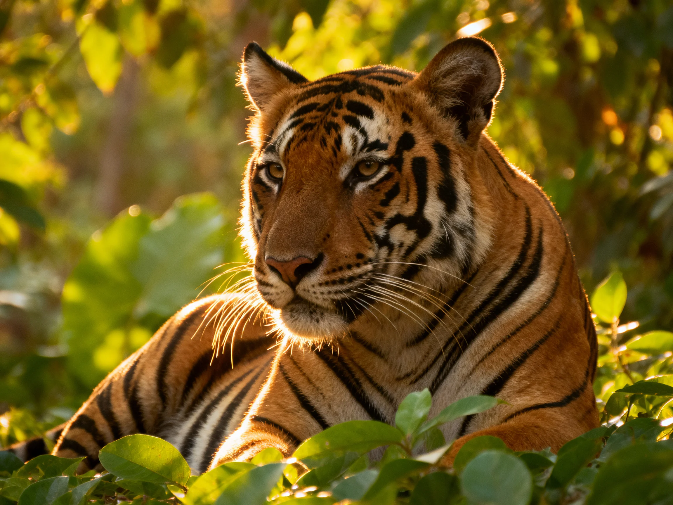 A tiger lies calmly among greenery in a sunlit natural setting.