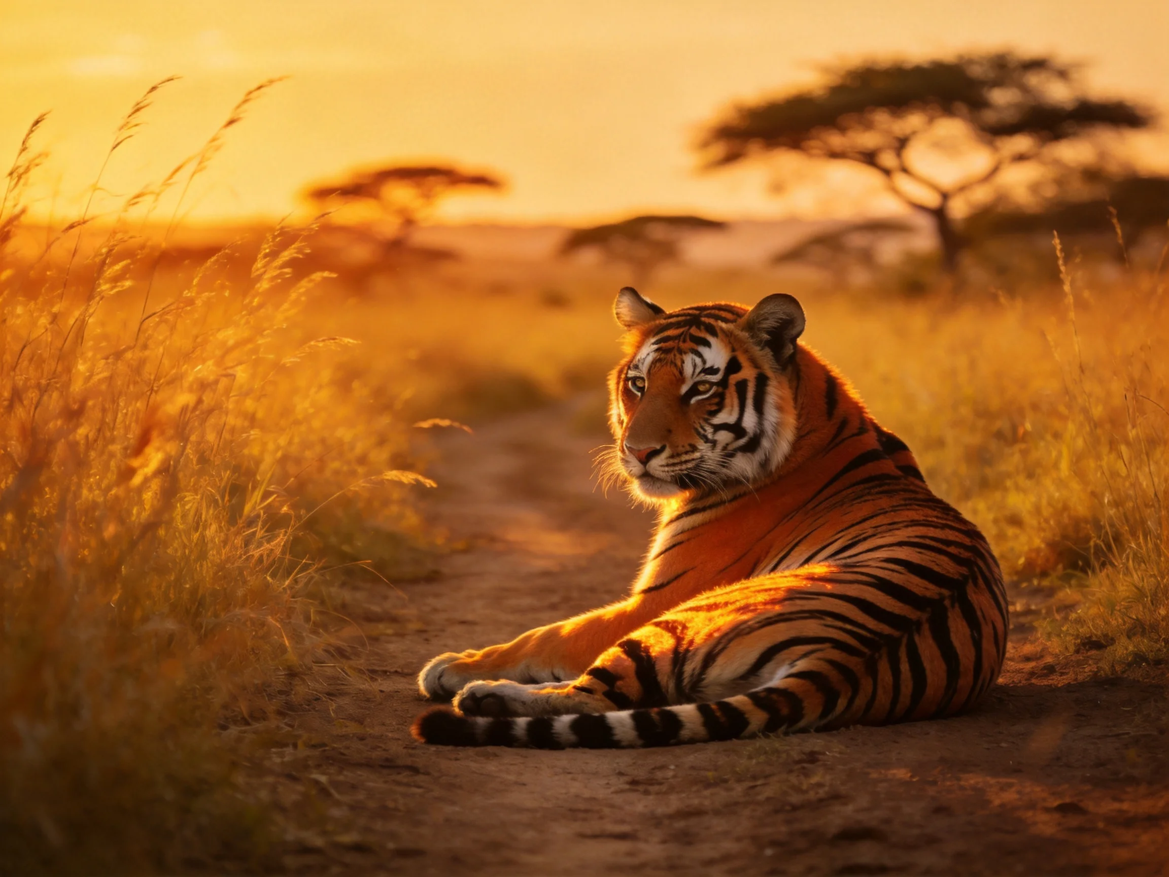 A majestic tiger rests on a dirt path amid golden savannah grass