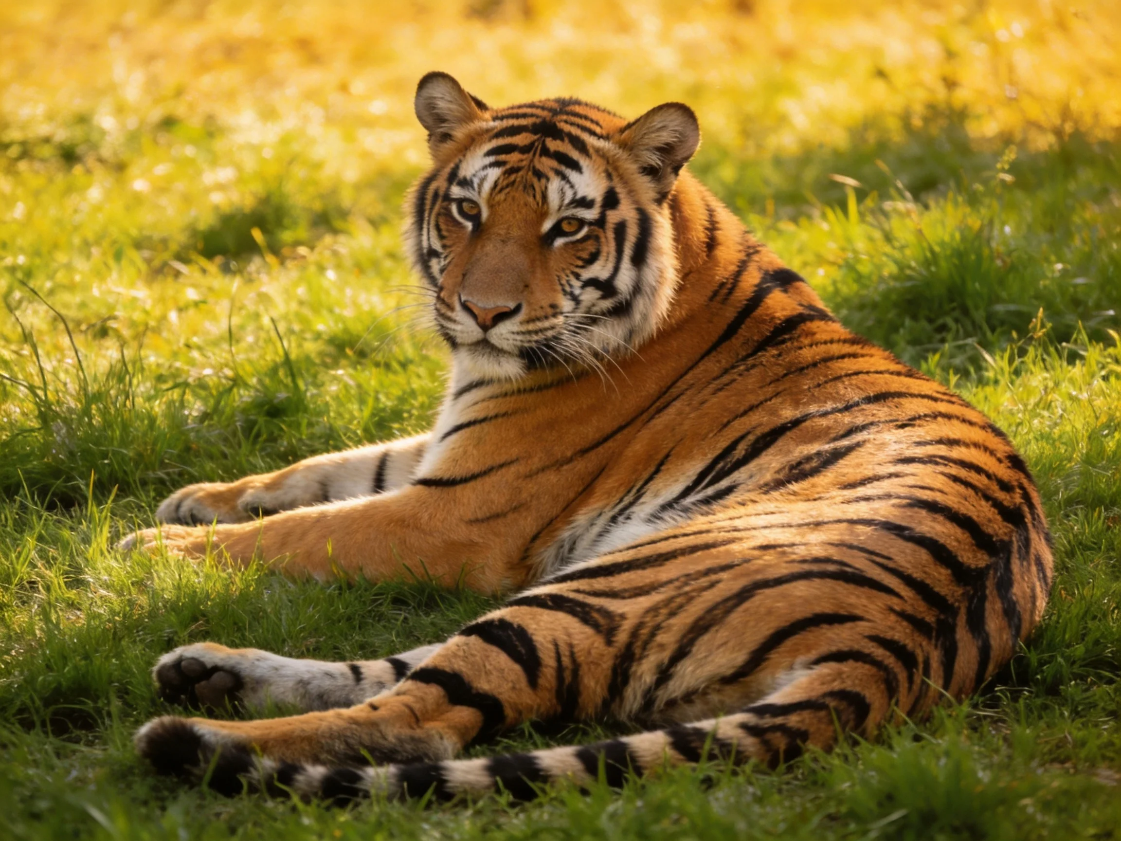 A majestic tiger rests on lush green grass in golden sunlight