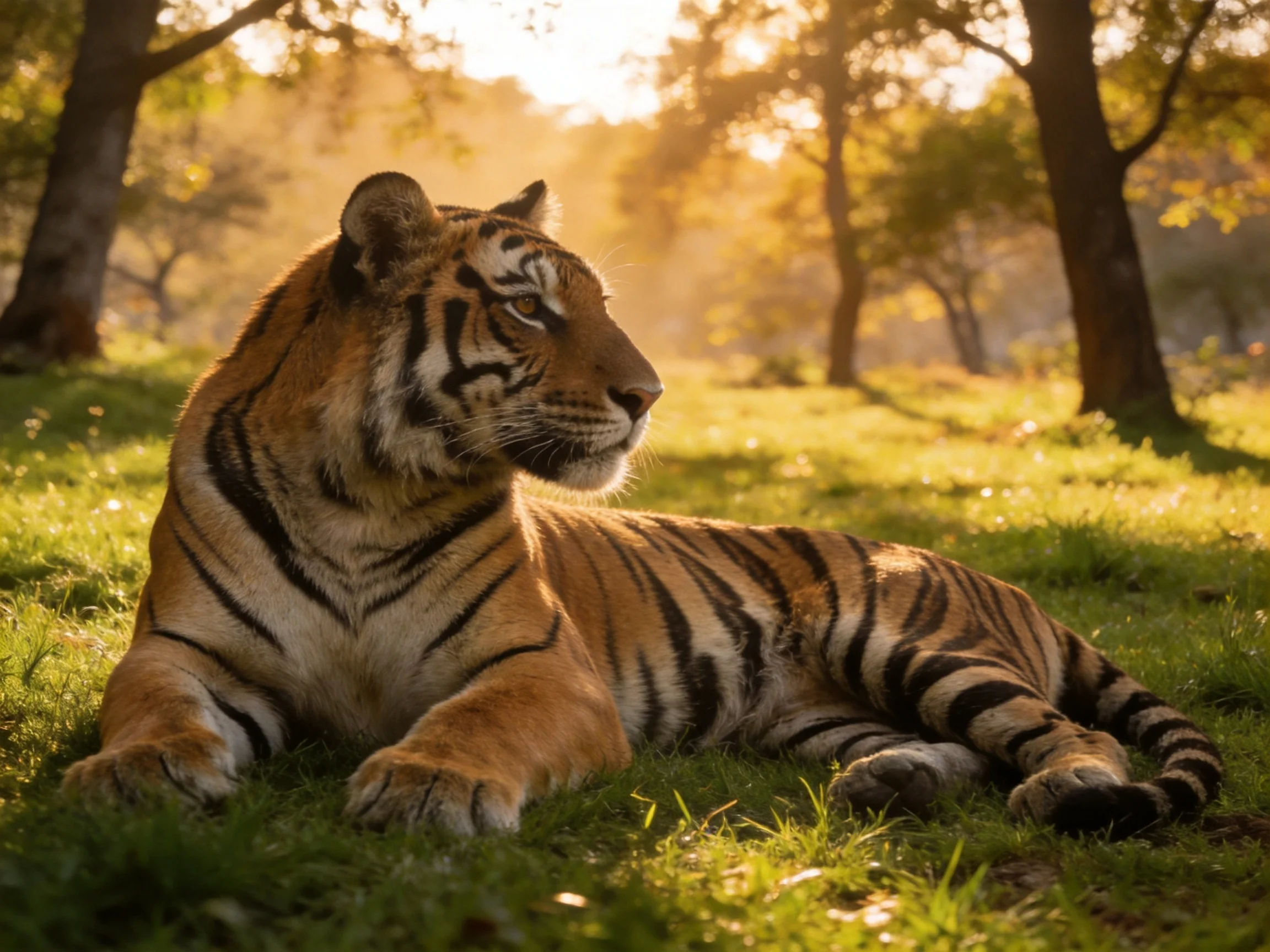 A majestic tiger rests on sun-dappled grass amid golden-hued trees