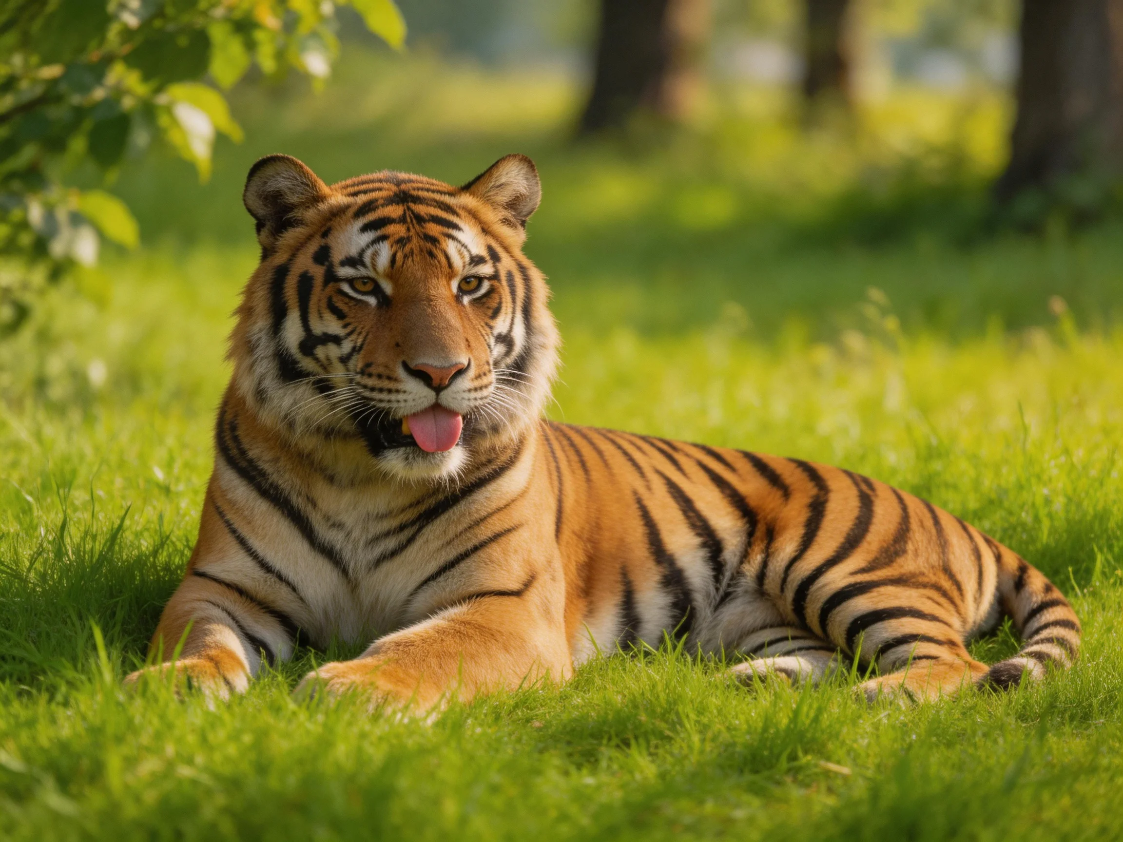 A tiger relaxes on lush green grass in a sunlit natural setting.