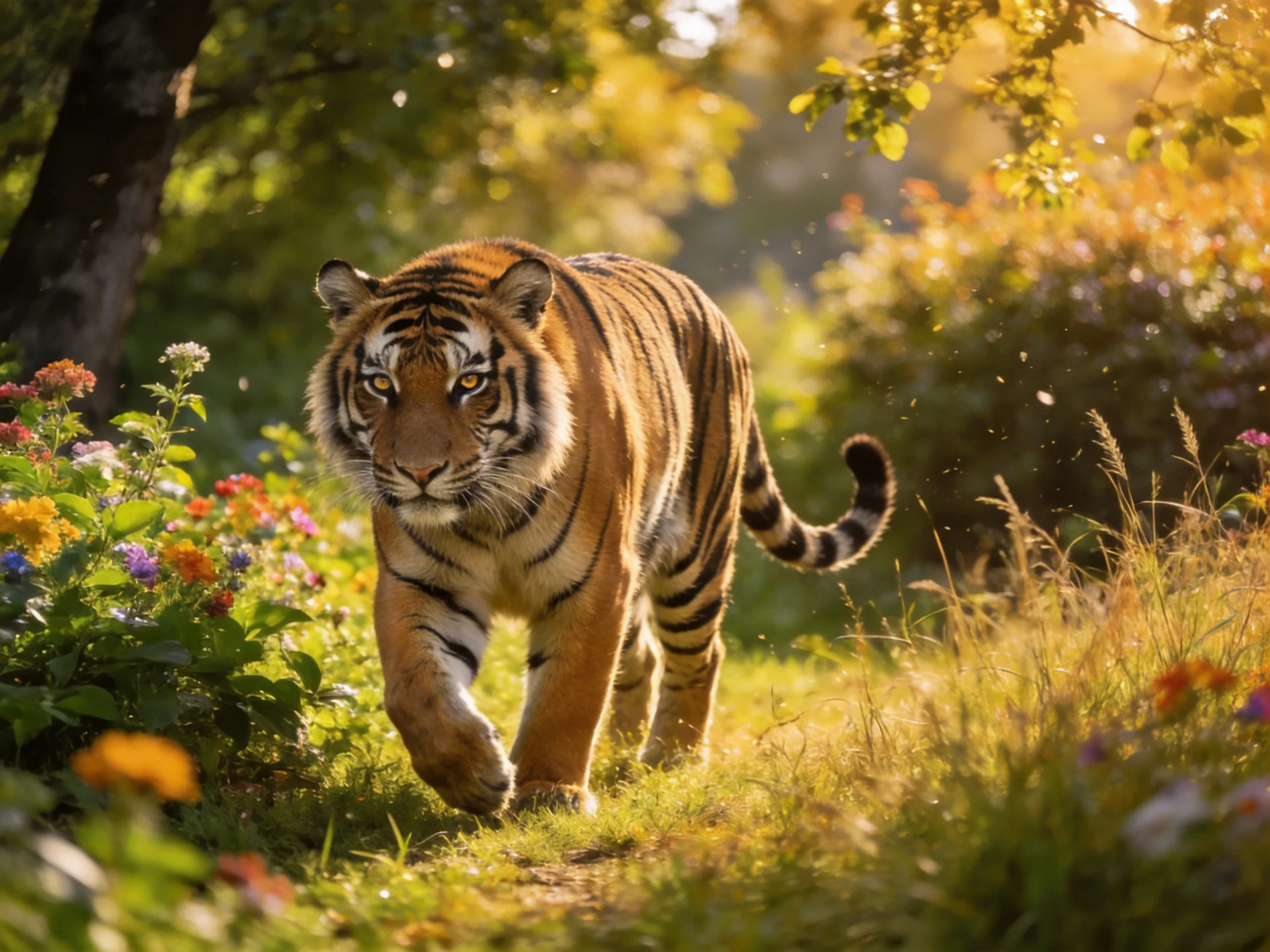 A majestic tiger roams through colorful wildflowers on a sunlit trail