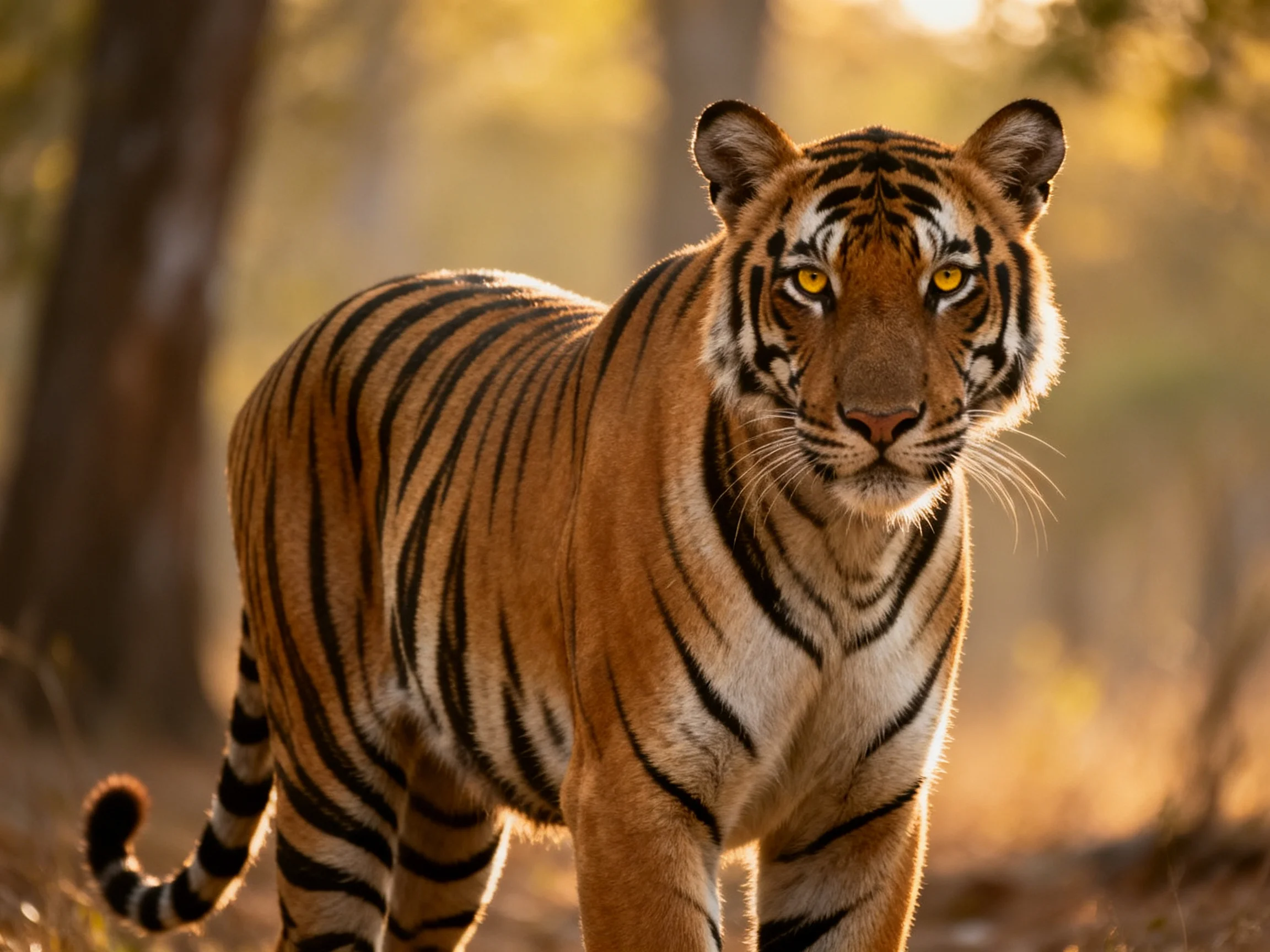 A majestic tiger stands in a sunlit forest with bold black stripes