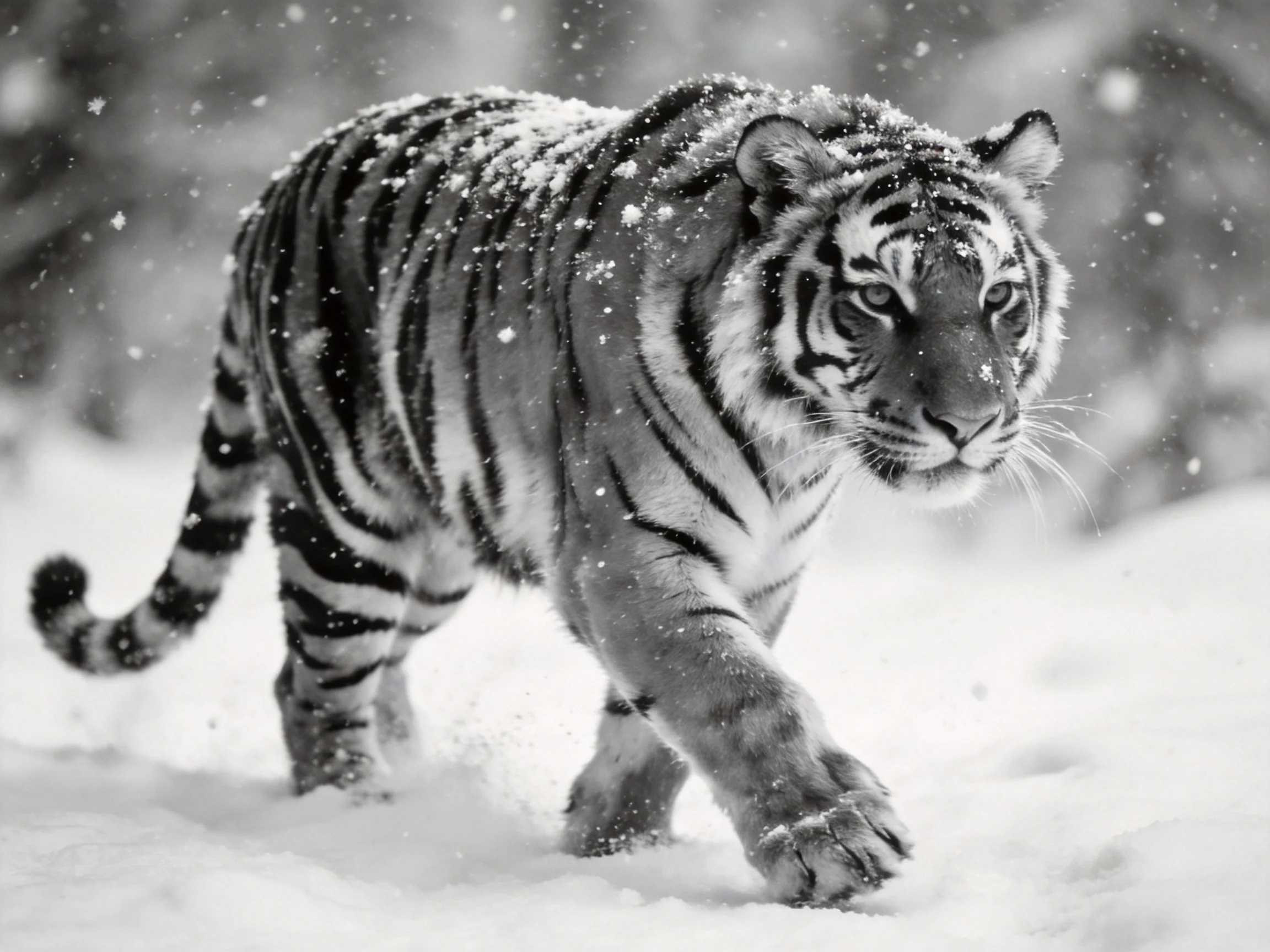 A majestic tiger traverses a snowy landscape amid falling snowflakes