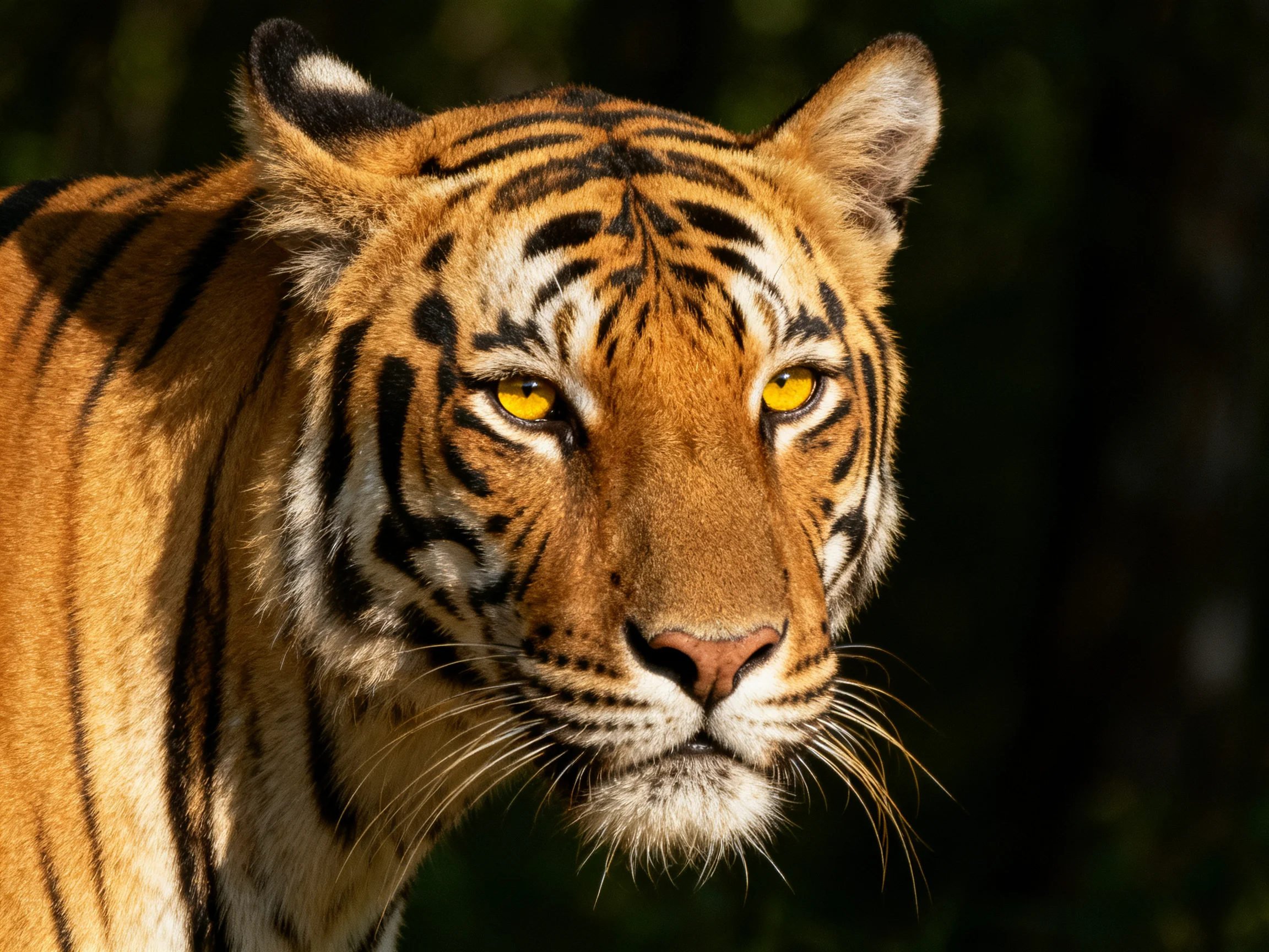 A close-up of a tiger with distinctive striped fur.