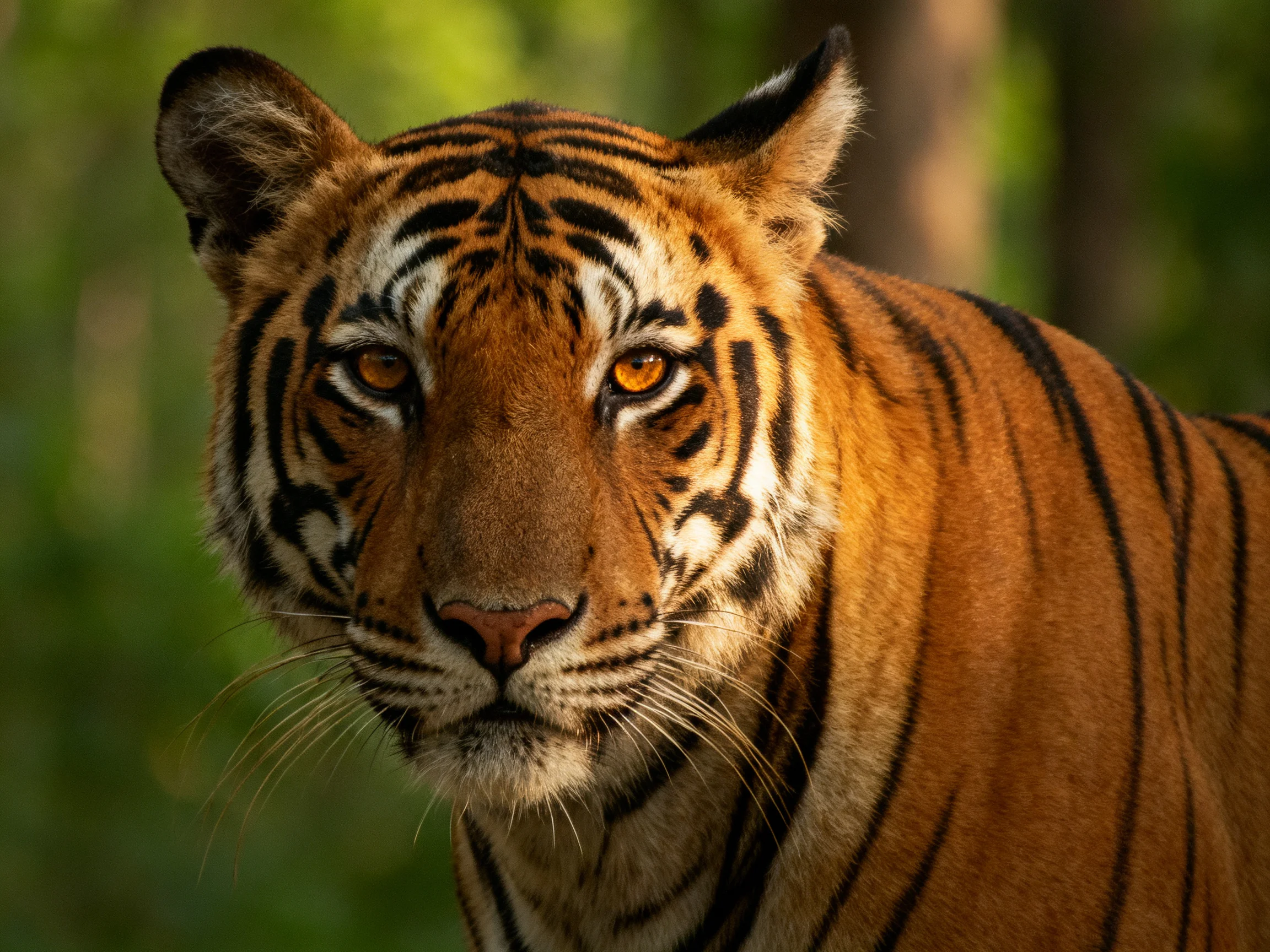 A close - up of a tiger with bold black stripes set against a blurred green forest.