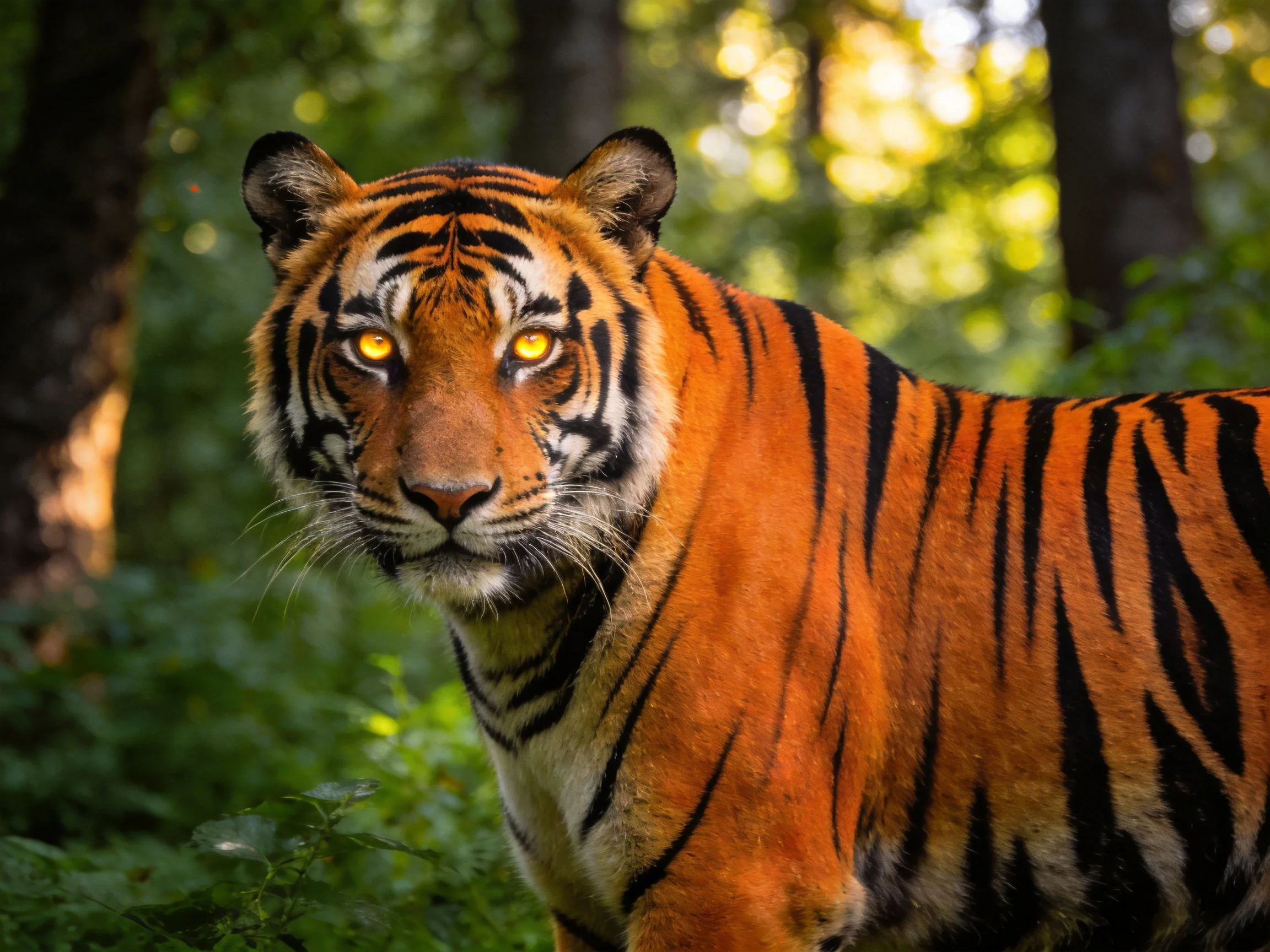 A majestic tiger with bold black stripes in a lush green forest