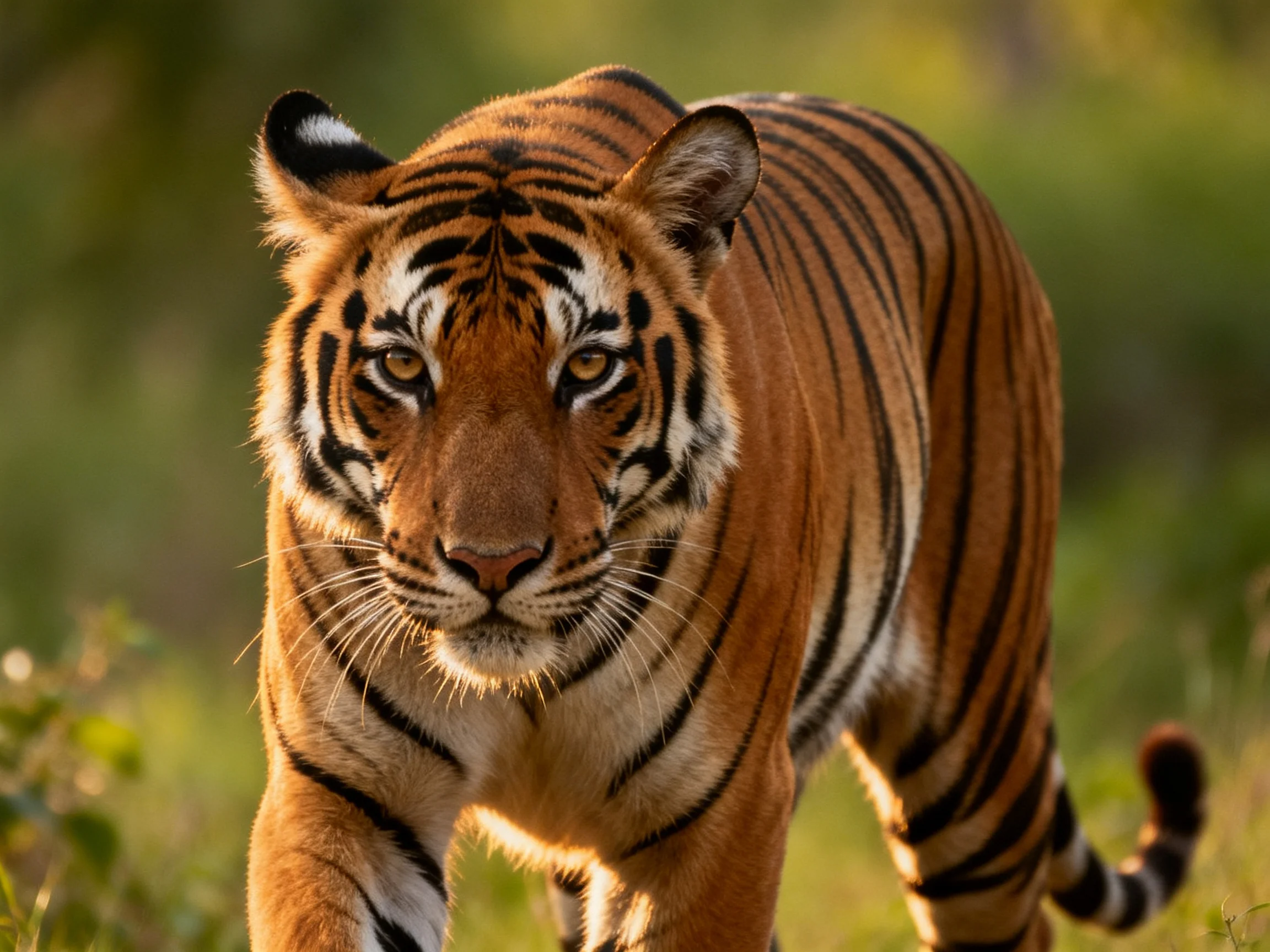 A majestic tiger with bold black stripes in a sunlit natural setting