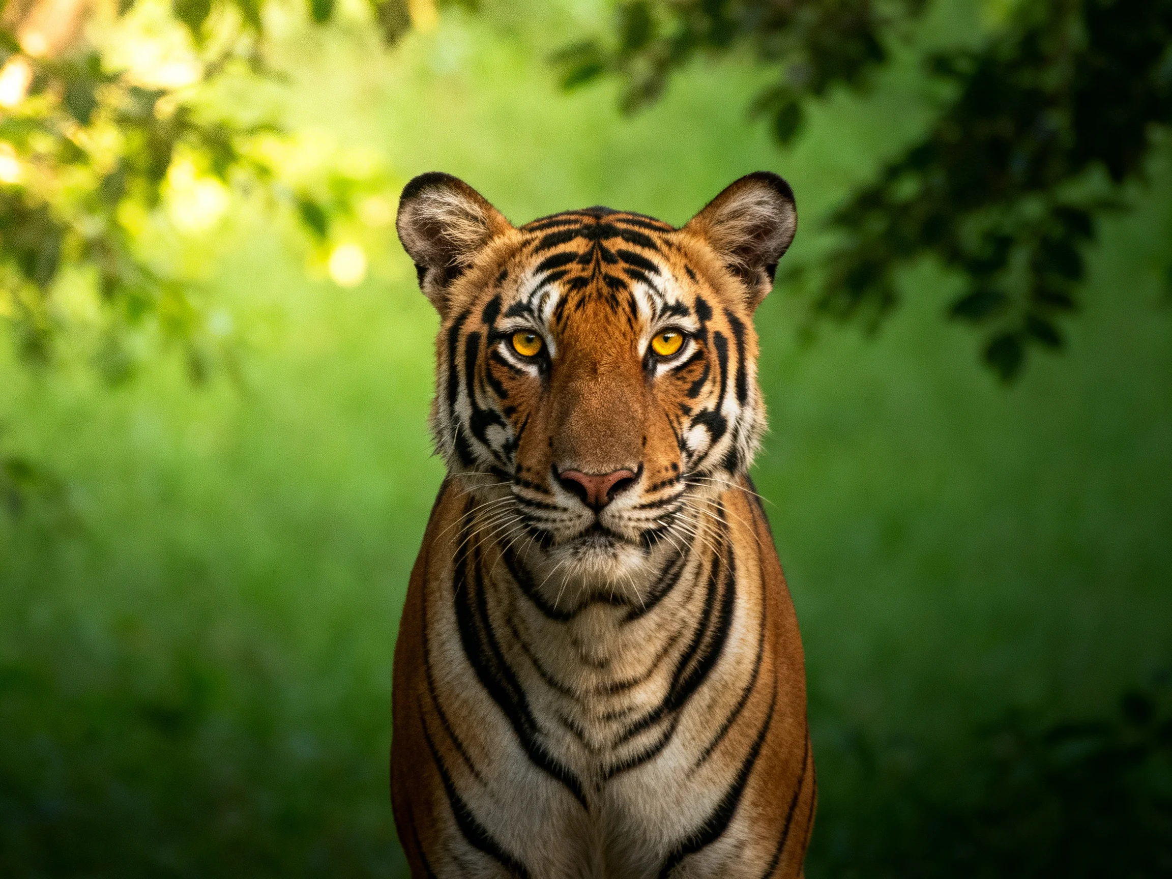 A tiger with bold black stripes stands centered amid lush green foliage.