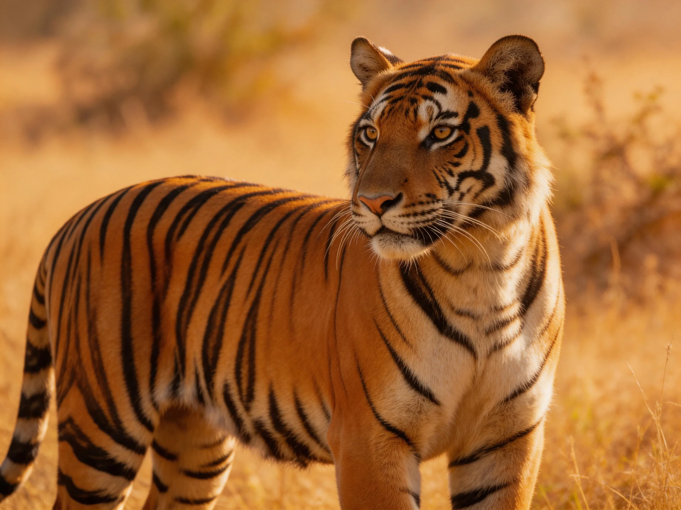 A majestic tiger with bold black stripes in golden savannah terrain