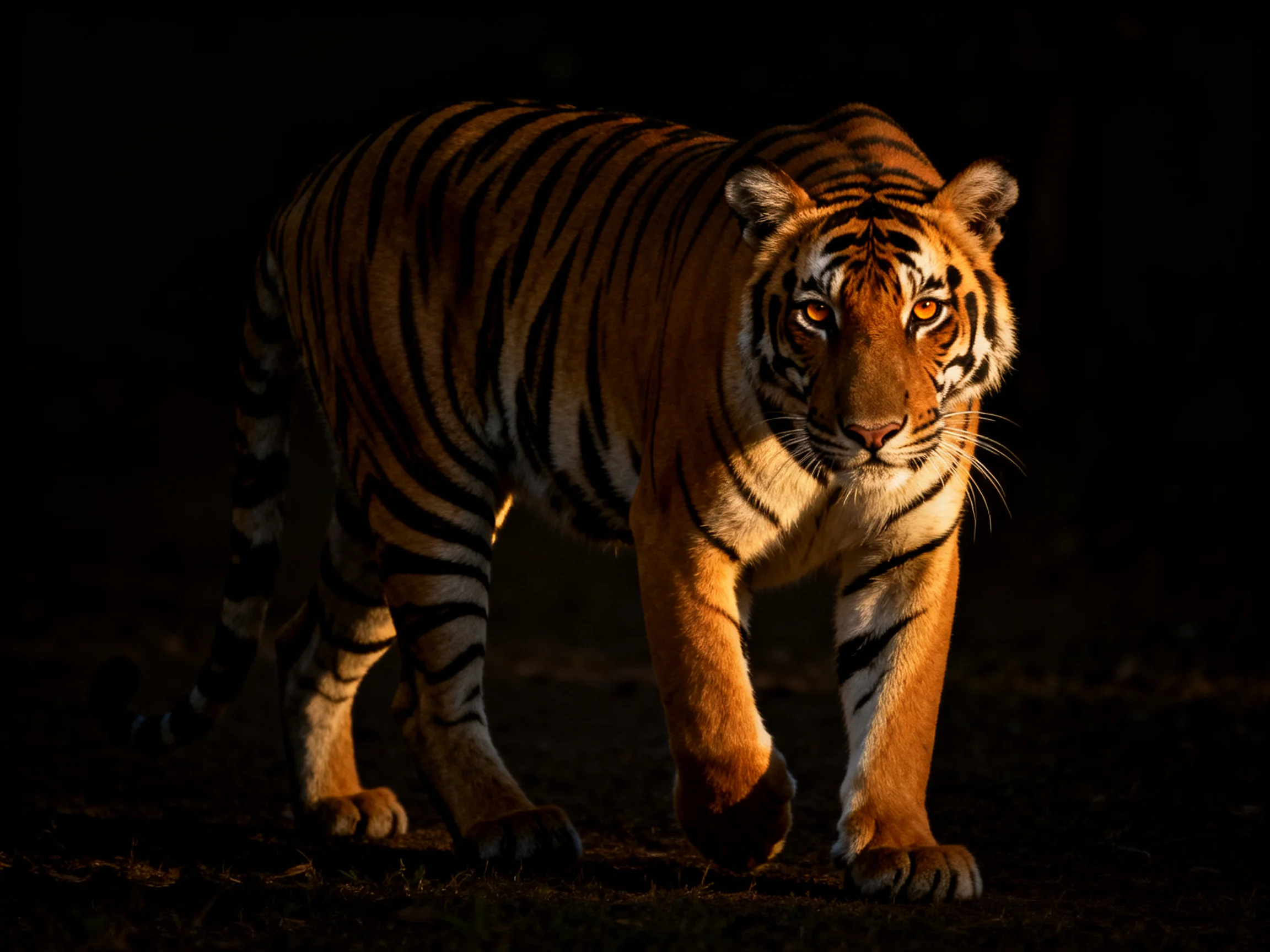 A majestic tiger with bold black stripes in low light illumination