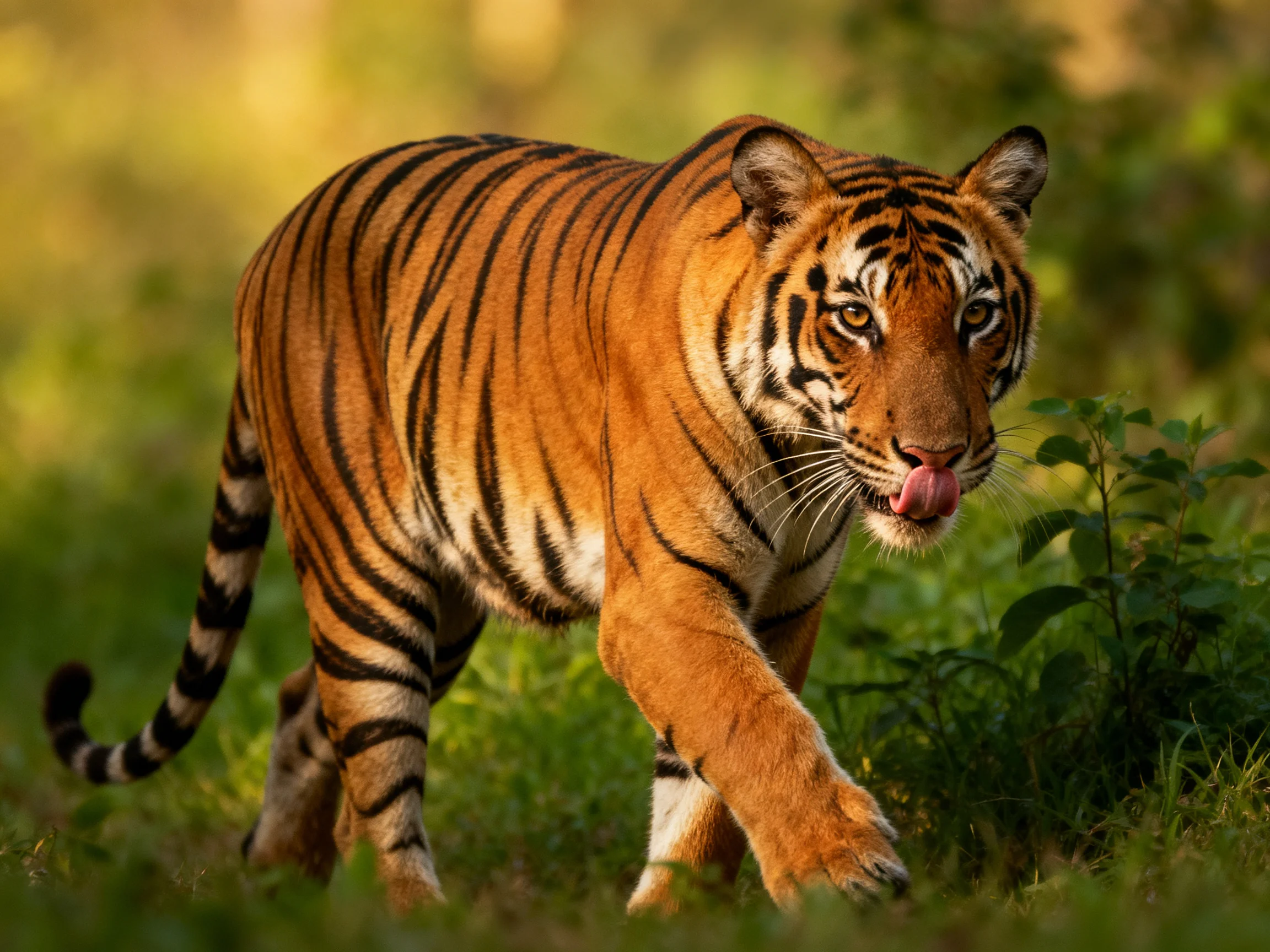 Tiger with bold black stripes moves through greenery.