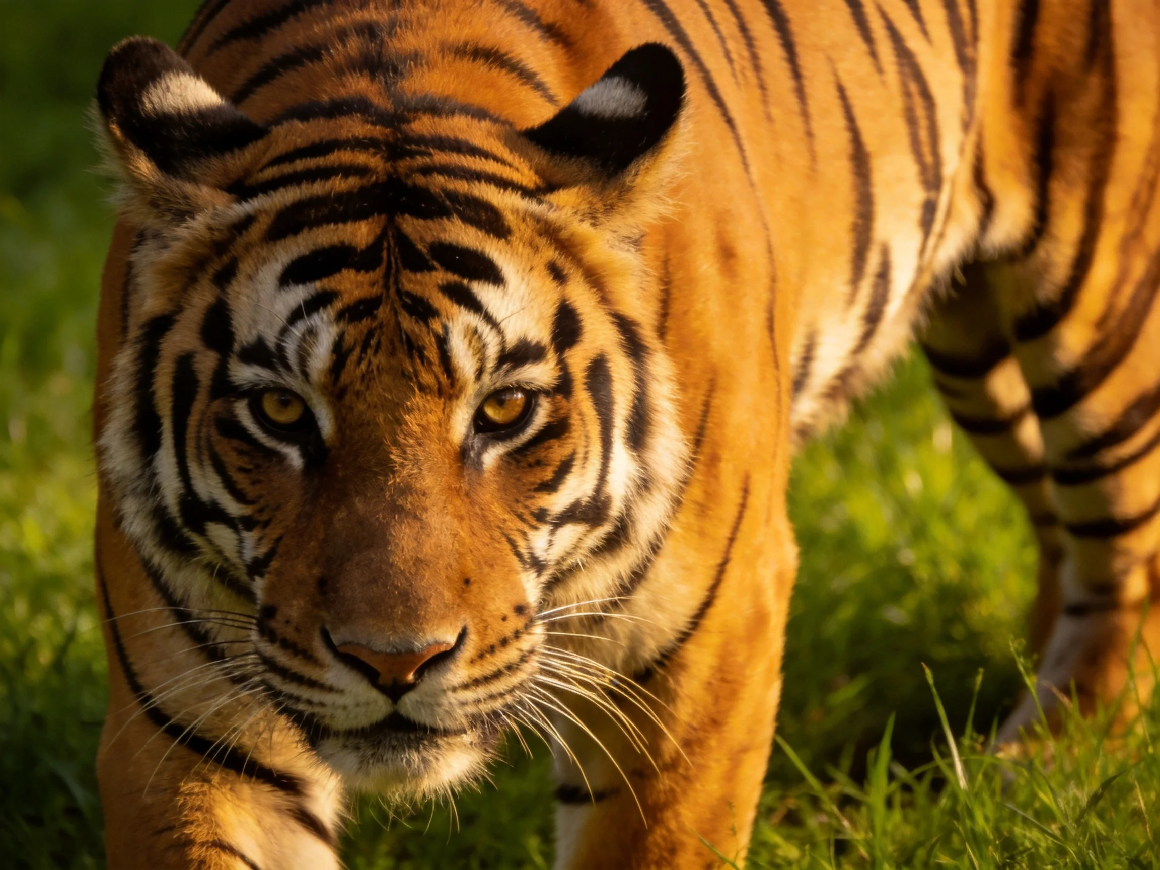 A majestic tiger with bold black stripes on golden fur