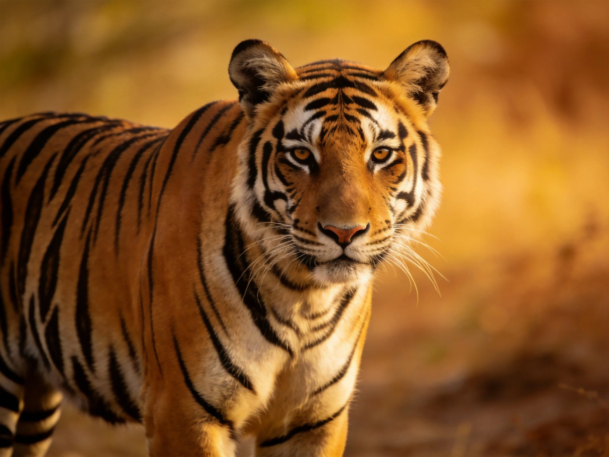 A majestic tiger with bold black stripes on golden-orange fur